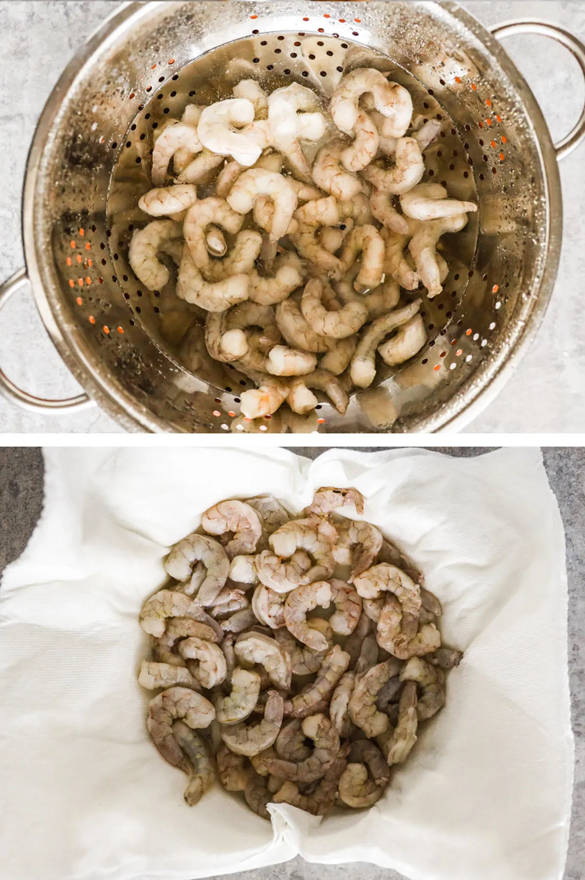 Two overhead images in one: 1. Thawed shrimp in strainer. 2. Shrimp drying in paper towel in a bowl. 