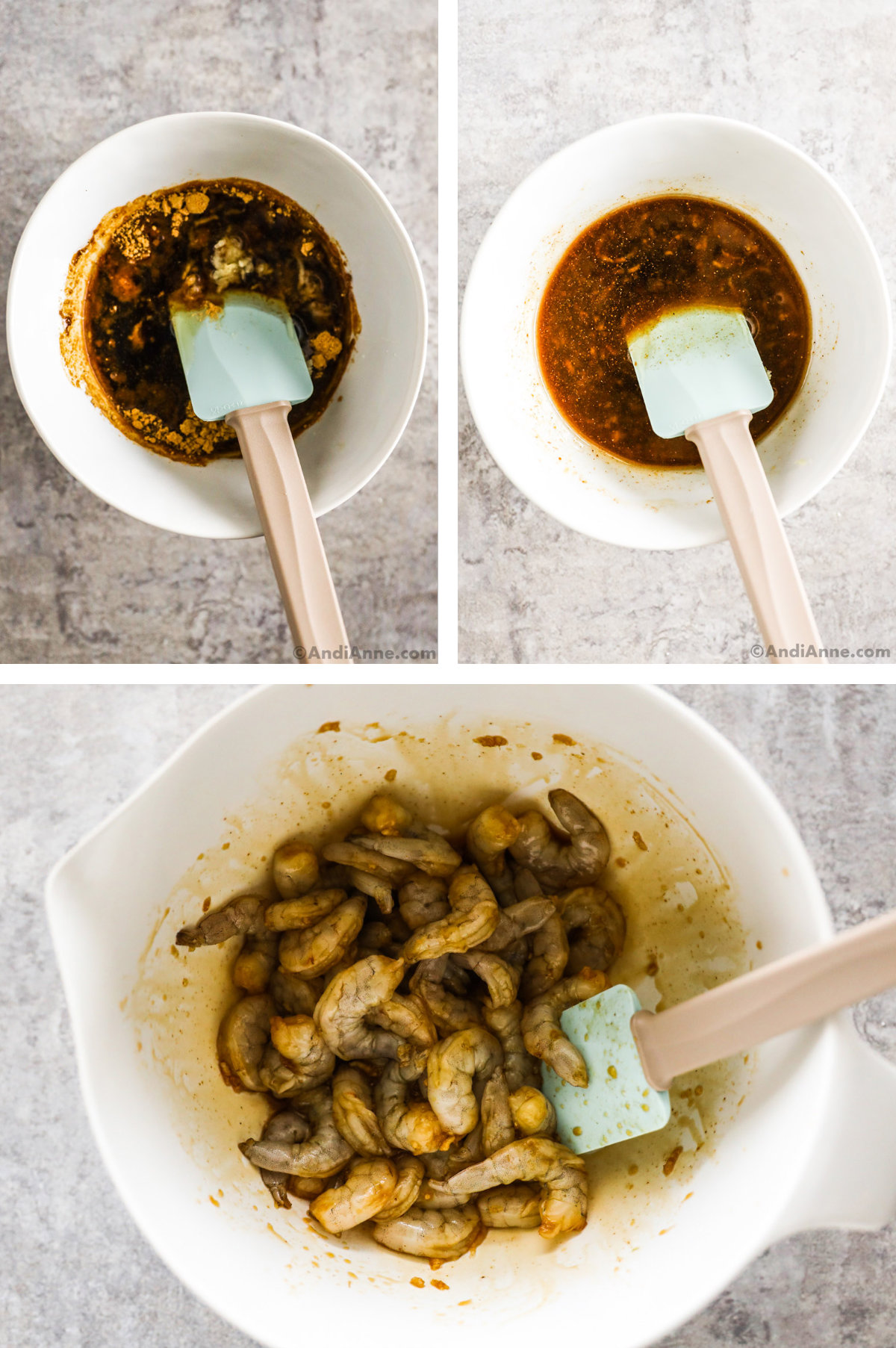 Two images of a bowl with dark brown sauce ingredients and a spatula, and third image of raw shrimp in a bowl covered in sauce with spatula.