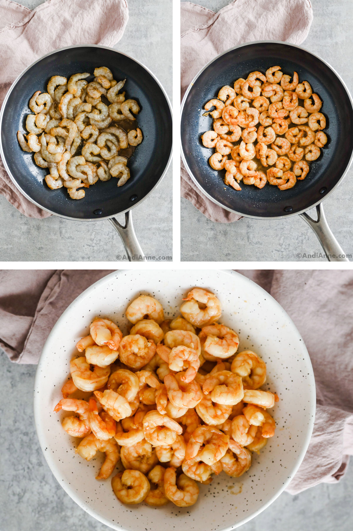 Three overhead images in one: 1. Raw shrimp in frying pan. 2. Shrimp is cooked in frying pan. 3. Closeup of cooked shrimp in a white bowl. 