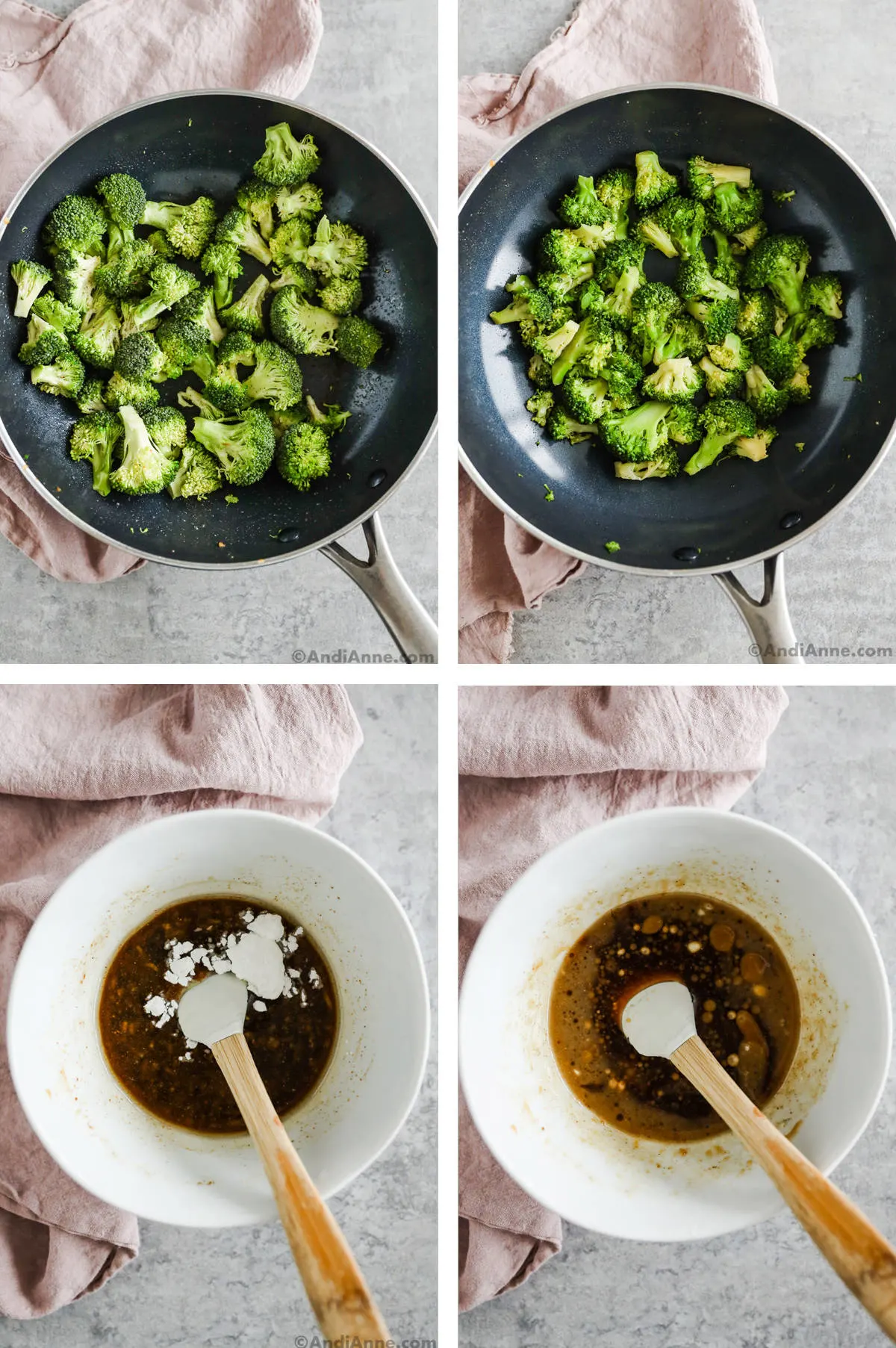 Four overhead images in one: 1. Raw broccoli in frying pan. 2. Cooked broccoli in frying pan. 3. Corn starch is added to the sauce. 3. Corn starch is mixed into the saue. 