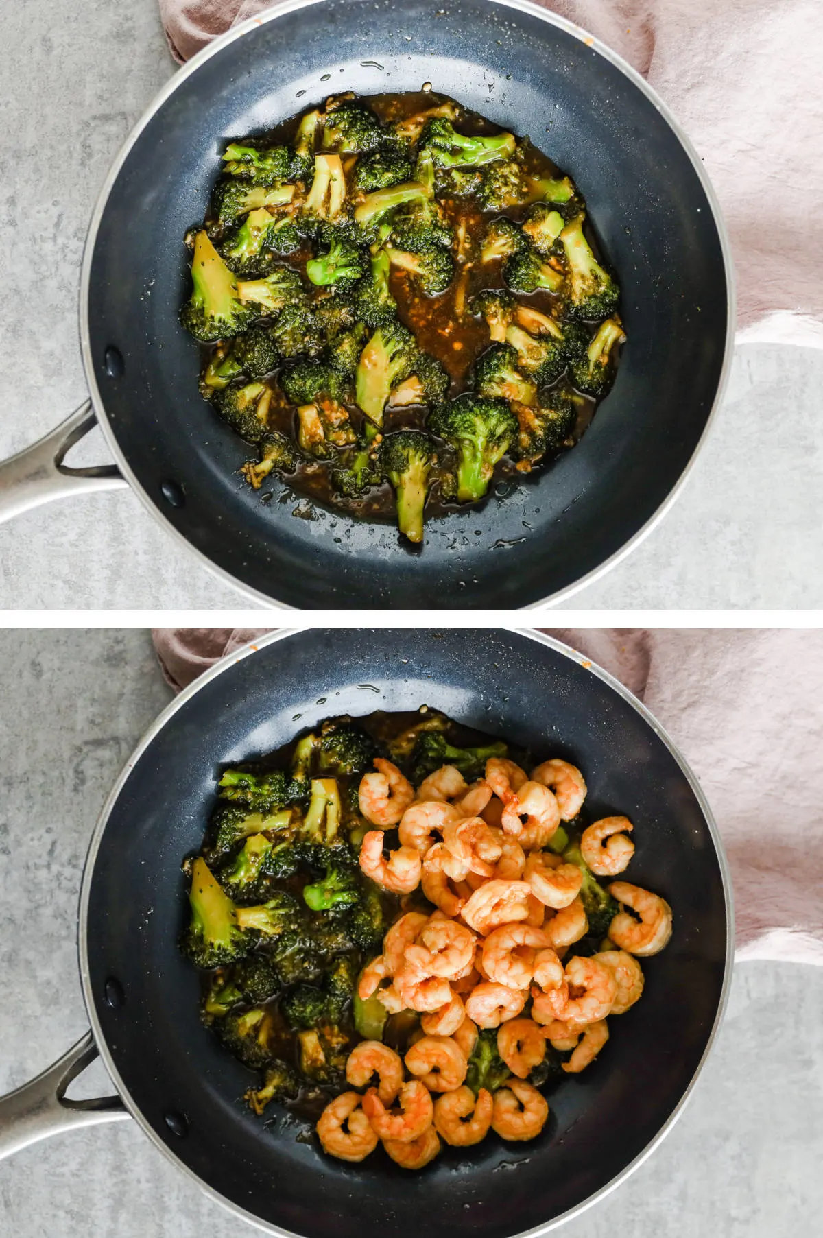 Two overhead images in one: 1. Broccoli is cooked in the sauce in a frying pan. 2. Shrimp are added to the broccoli. 