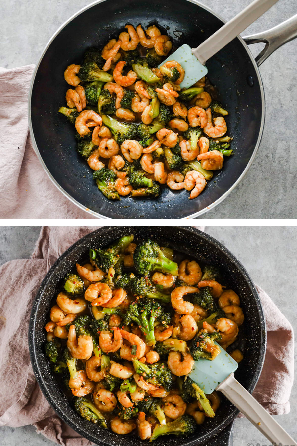 Two overhead images in one: 1. Shrimp and broccoli are mixed in frying pan. 3. Chile flakes are added to the finished recipe. 