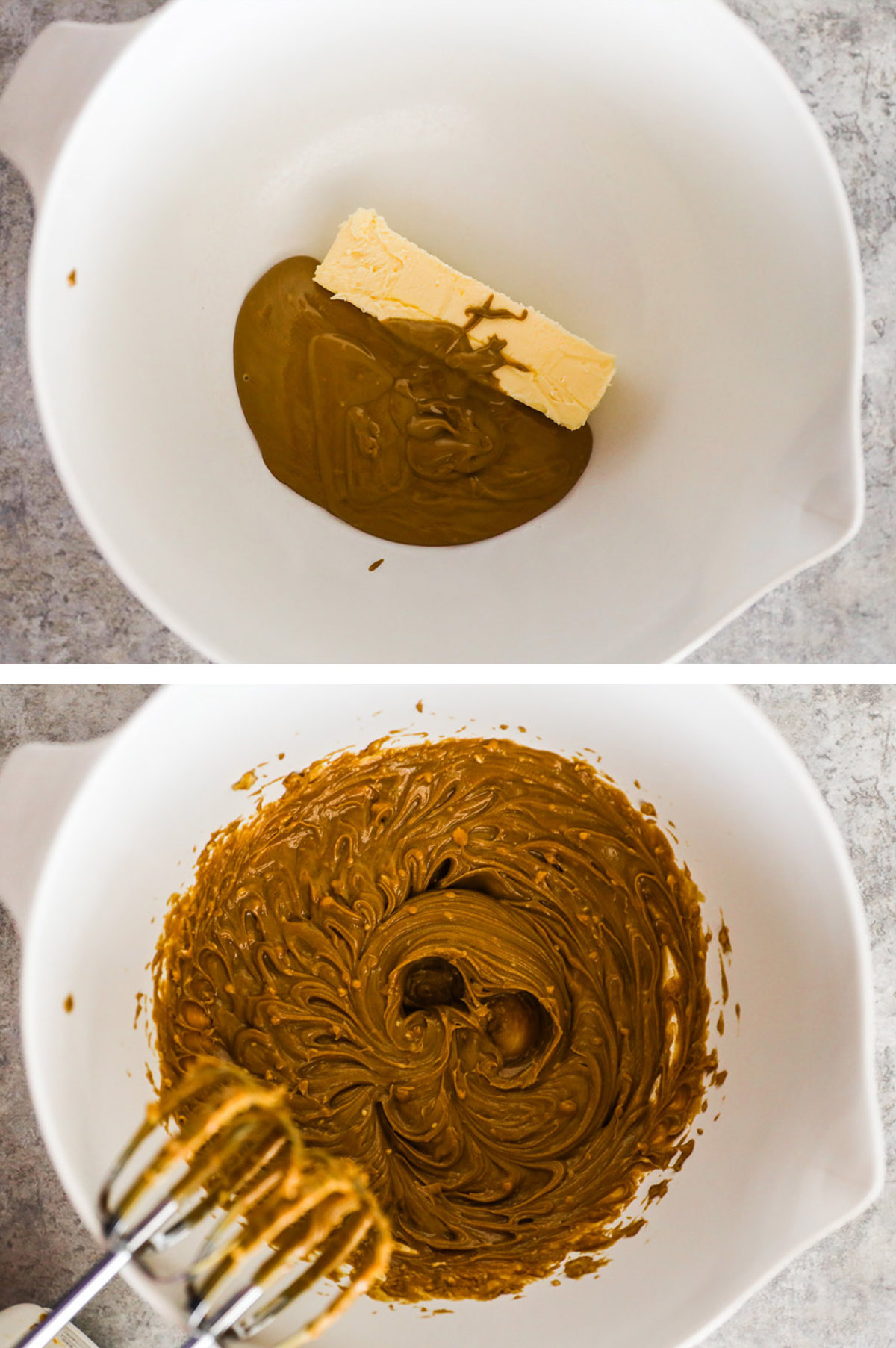 Two overhead images in one: 1. peanut butter and butter in a white bowl. 2. Ingredients are mixed with a hand mixer. 