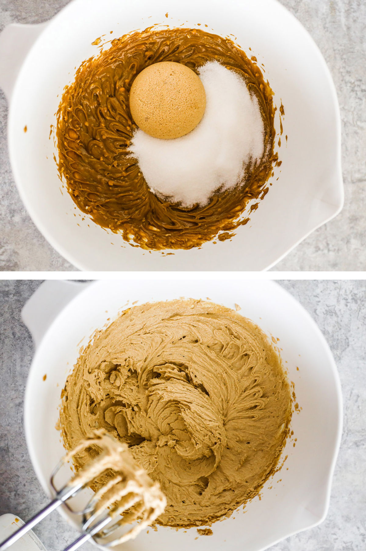 Two overhead images in one: 1. White and brown sugar are added to the bowl. 2. White and brown sugar are mixed with a hand mixer. 