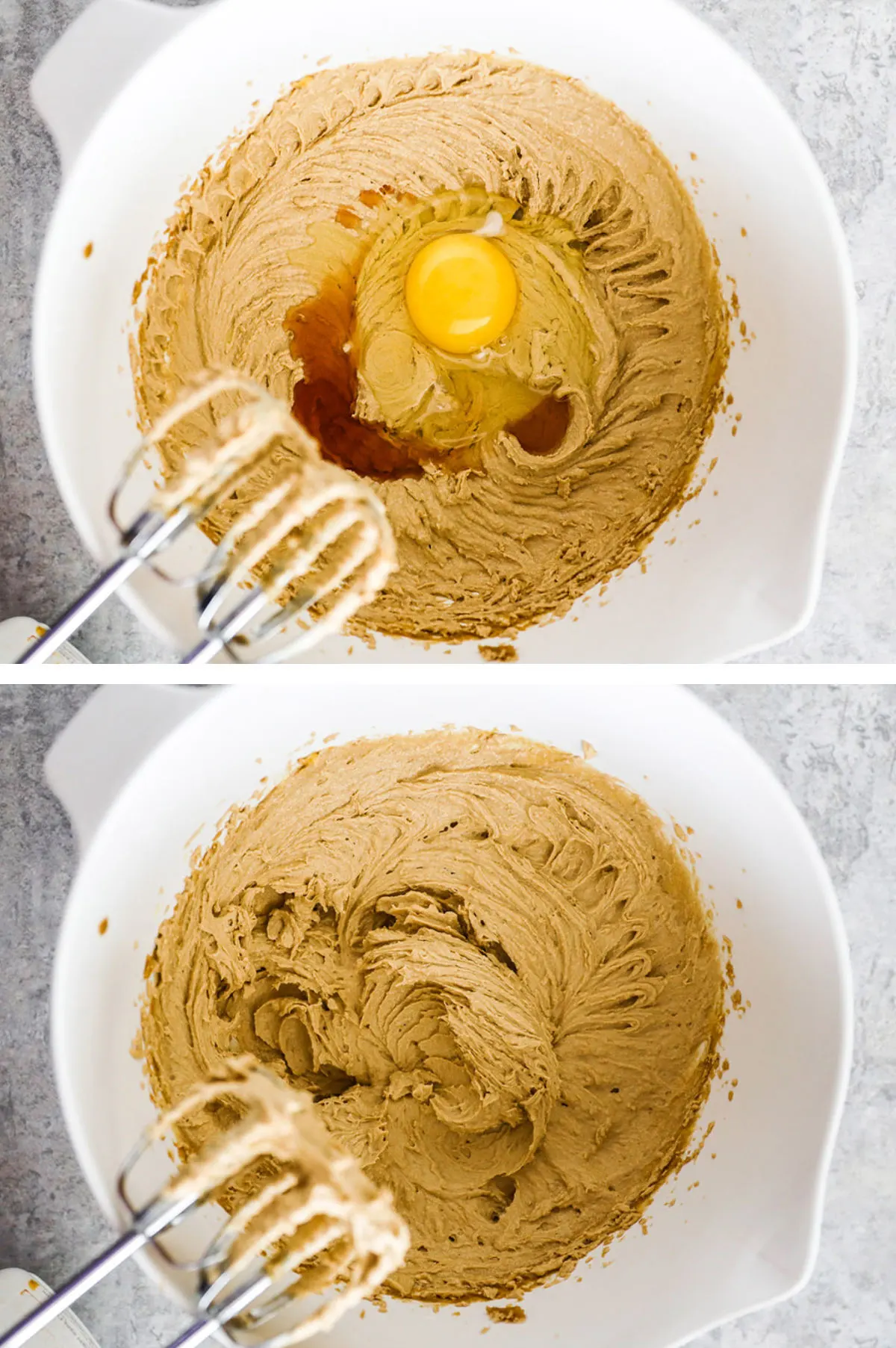 Two overhead images in one: 1. One egg and vanilla extract are added to the bowl. 2. Egg and vanilla are mixed in. 