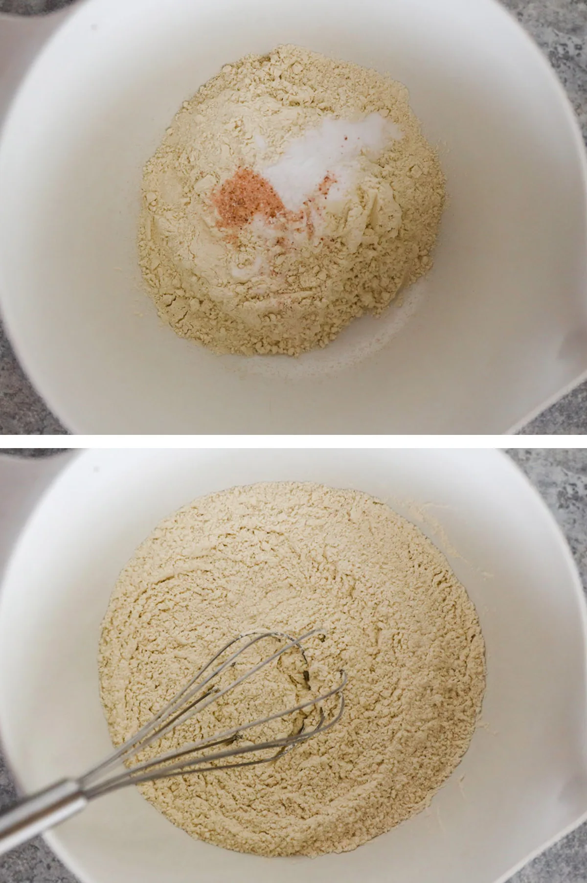 Two overhead images in one: 1. In a separate bowl flour, baking soda and salt are added. 2. Ingredients are mixed. 