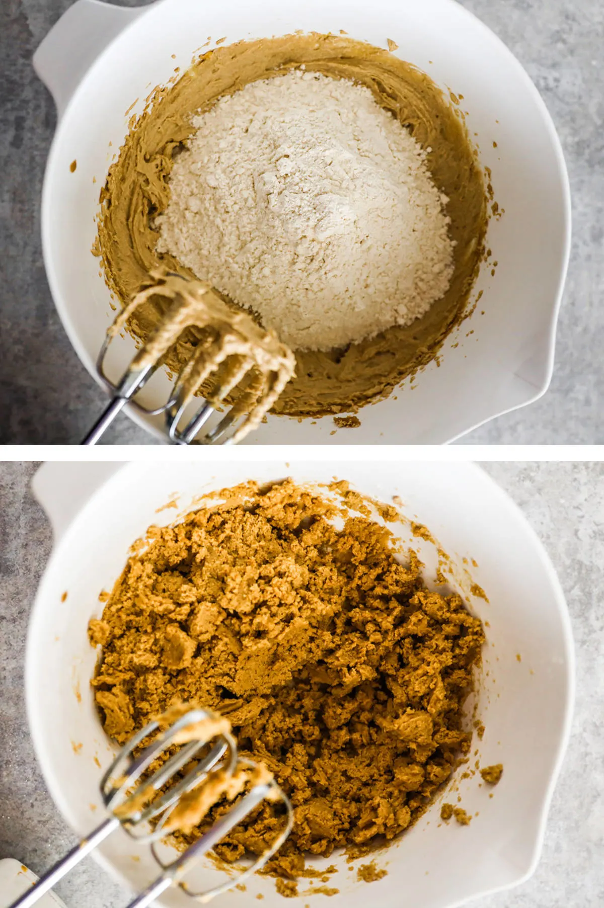 Two overhead images in one: 1. Dry ingredients are added to bowl of wet ingredients. 2. All ingredients are mixed with hand mixer. 
