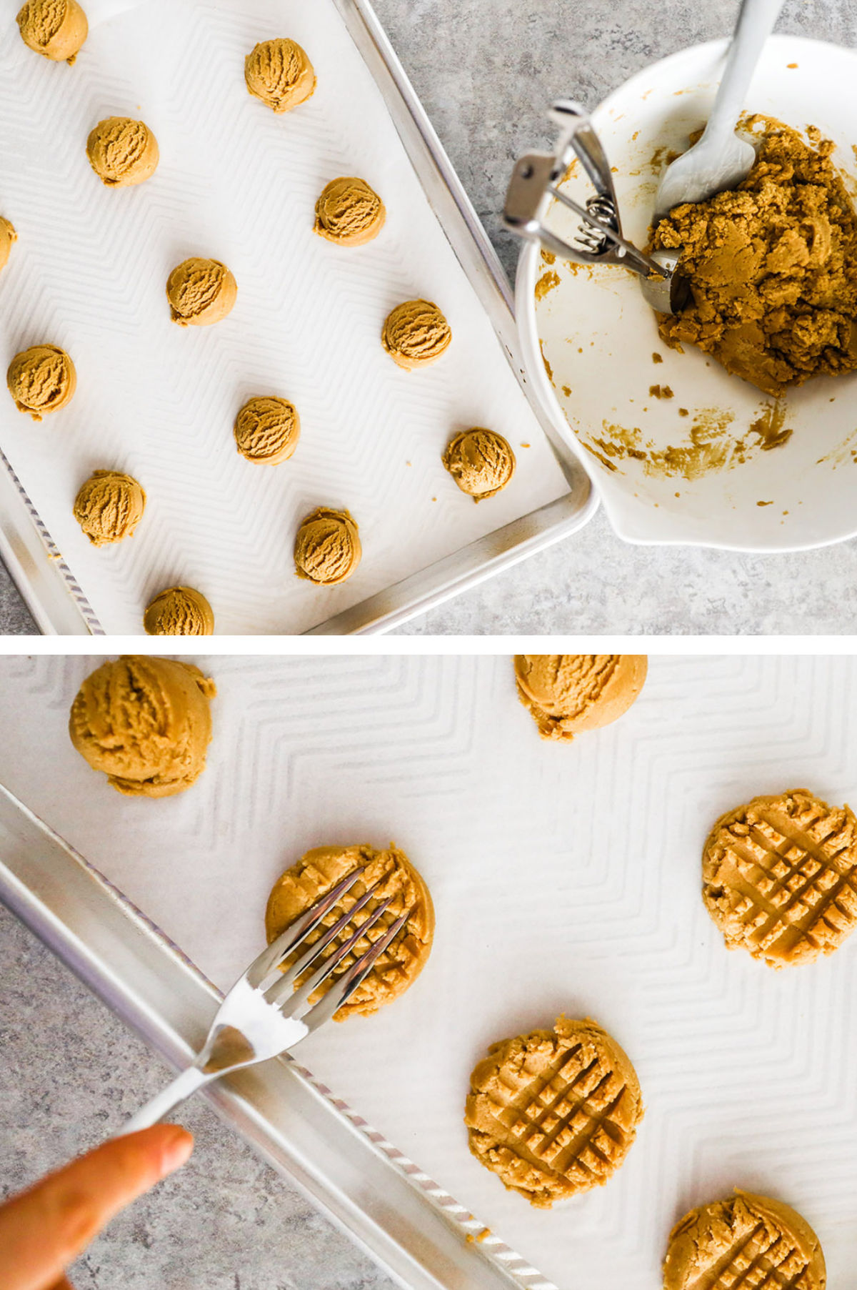 Two overhead images in one: 1. Batter is rolled into balls and placed on a baking sheet. 2. Batter is pressed down with a fork in a criss-cross pattern.