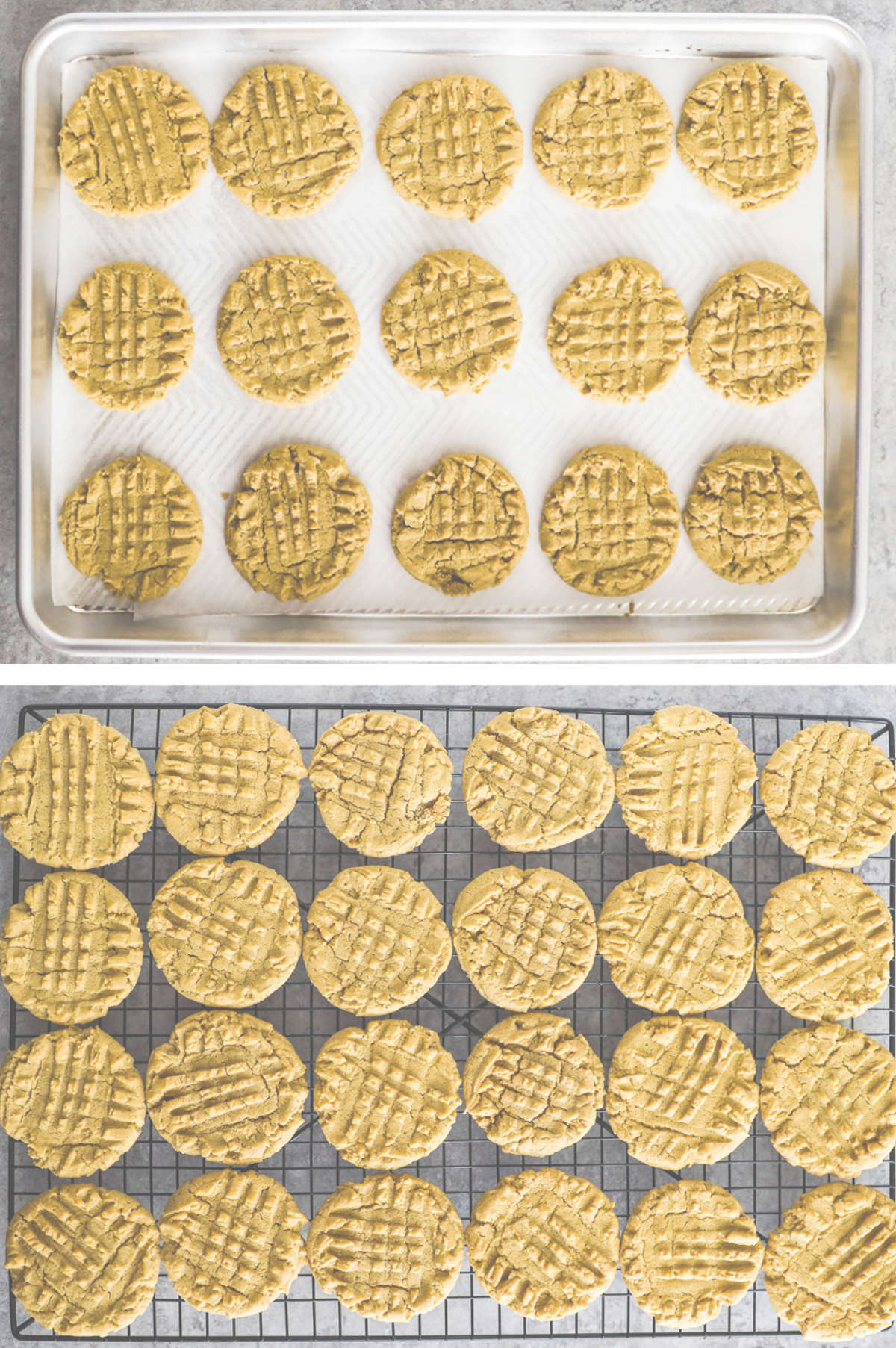 Two overhead images in one: 1. Baked cookies are removed from oven. 2. Cookies are placed on a rack to cool. 