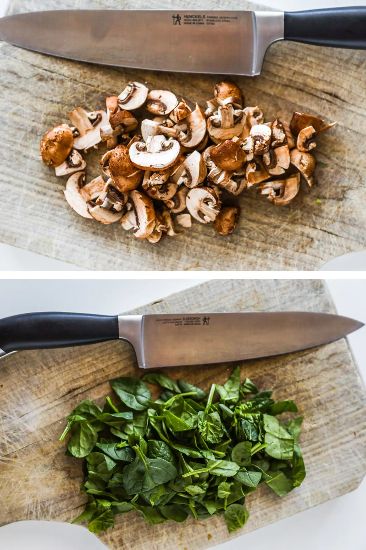 Two overhead images in one: 1. Mushrooms cut into slices on cutting board. 2. Spinach chopped on cutting board. 