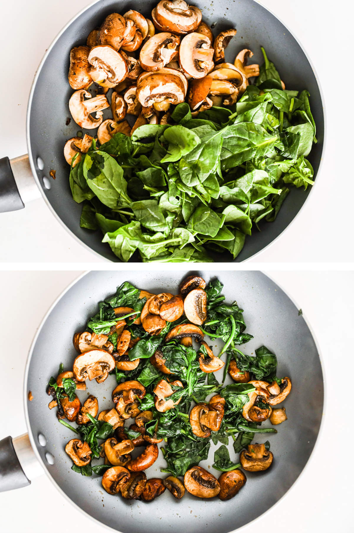 Two overhead images in one: 1. Spinach and mushrooms in a frying pan. 2. Spinach and mushrooms sauteed in frying pan. 