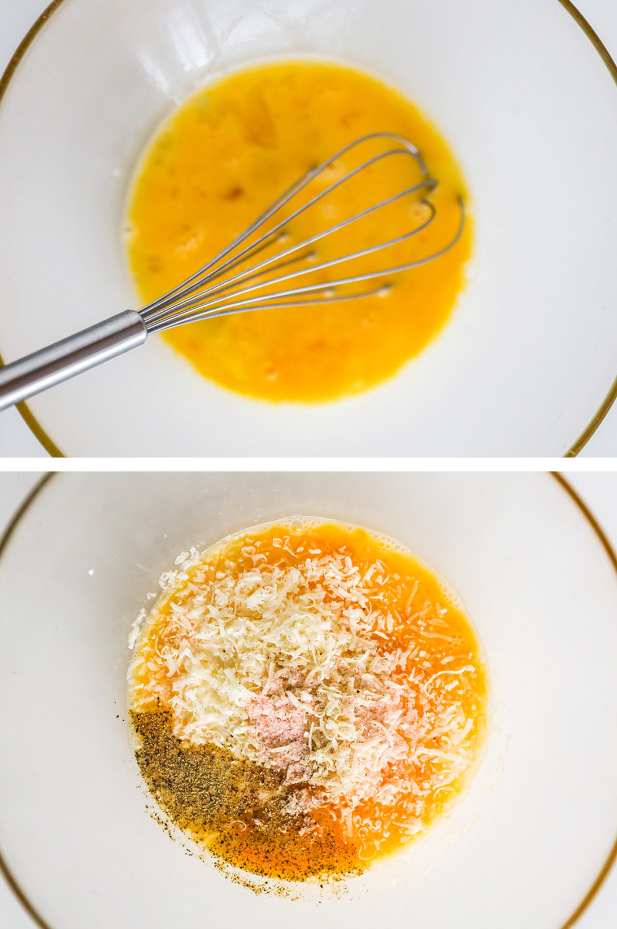 Two overhead images in one: 1. Eggs whisked in a white bowl. 2. Parmesan, salt, pepper, milk and garlic powder are added to whisked eggs. 