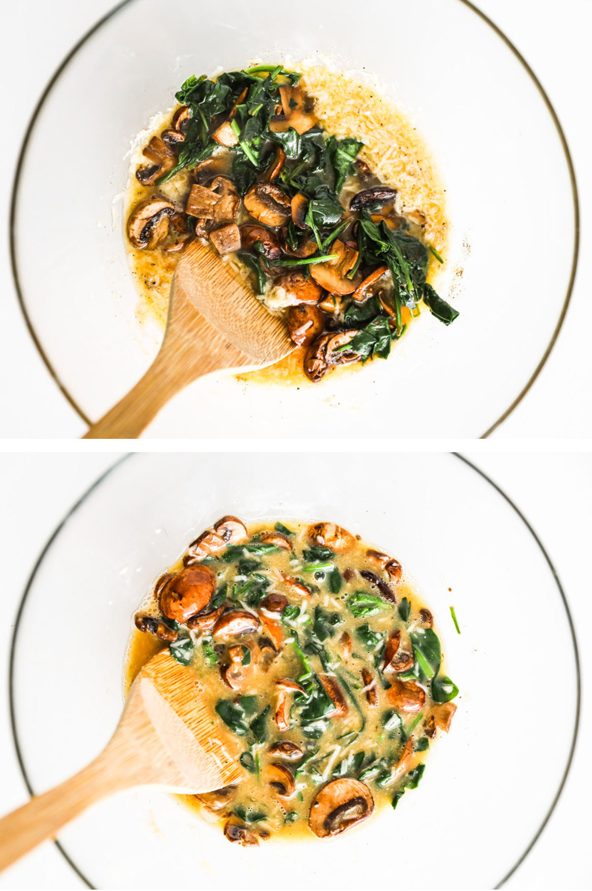 Two overhead images in one: 1. Sauteed mushrooms and spinach are added to egg mixture. 2. All ingredients are mixed. 