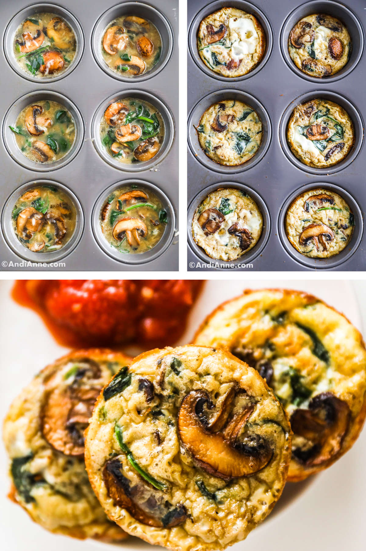 Three overhead images in one: 1. Ingredients are added to a muffin tin. 2. Muffins are baked. 3. Closeup of baked muffins stacked. 