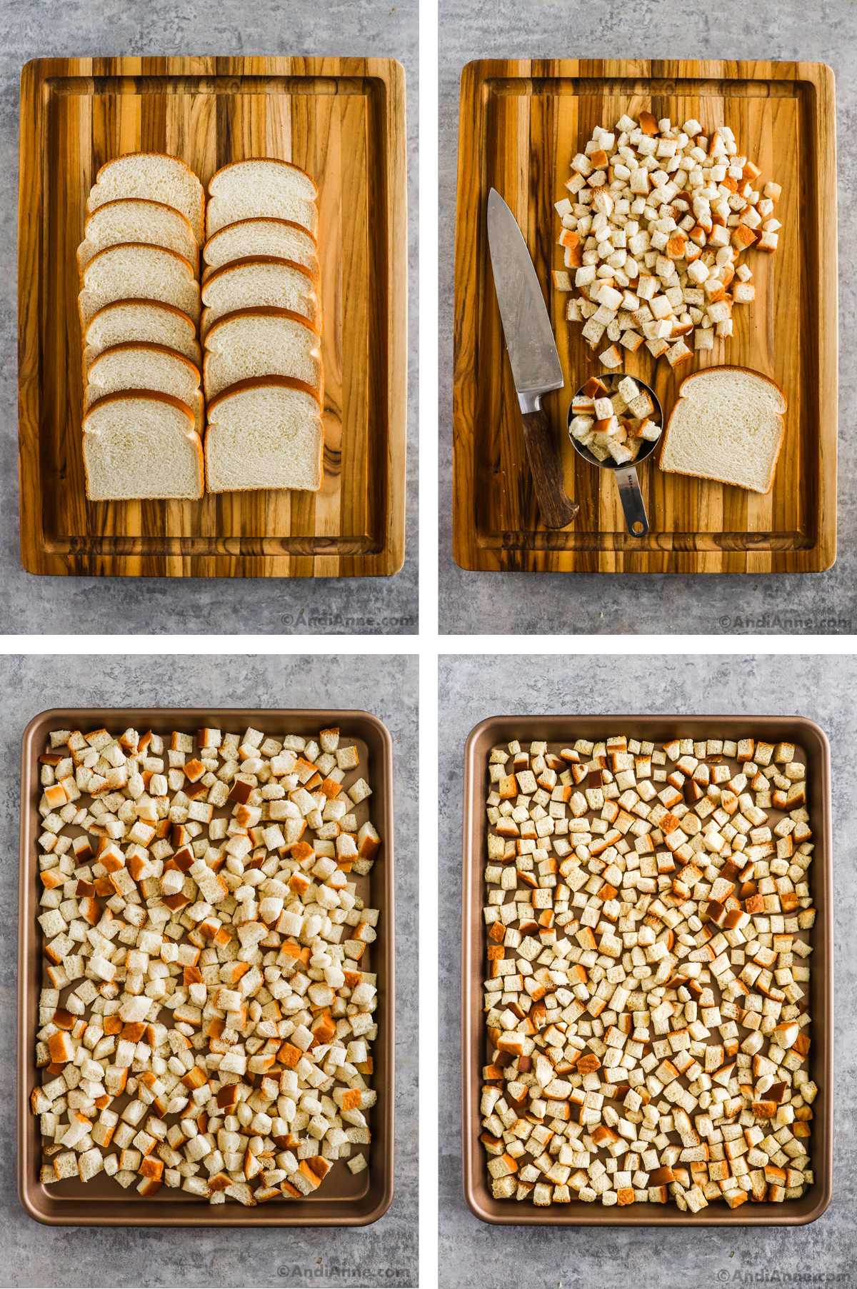 Four overhead images in one: 1. 10 bread slices on a wooden cutting board. 2. Bread sliced into cubes with a chef knife. 3. Cubes of bread on a baking sheet. 4. Cubes of bread on baking sheet baked. 