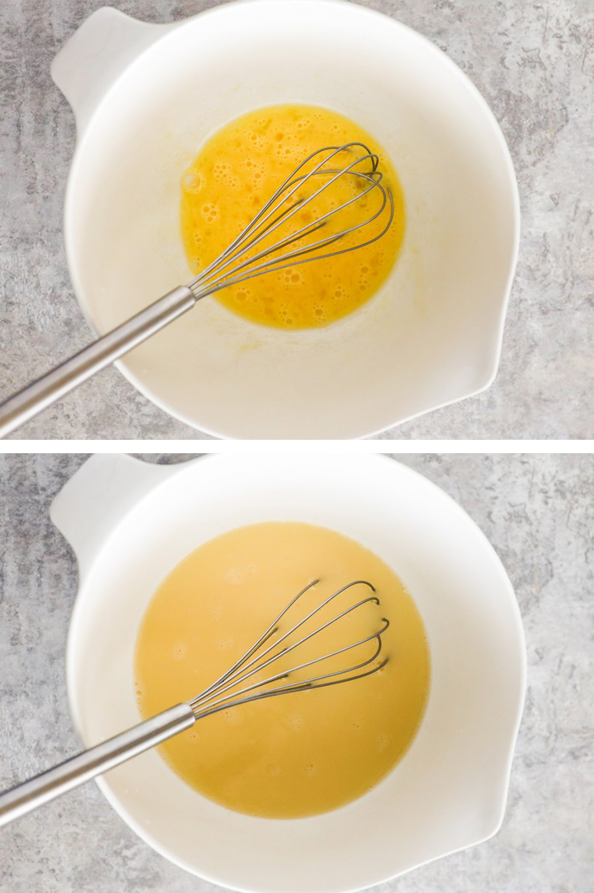Two overhead images in one: 1. Eggs are whisked in a white bowl. 2. Eggs are mixed with broth. 