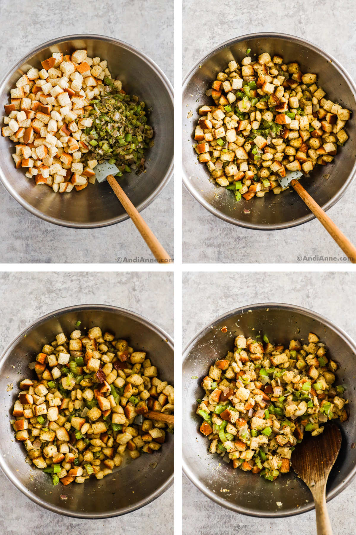 Four overhead images in one: 1. Bread cubes are added with vegetables and spices in a steel bowl. 2. Ingredients are mixed. 3. Egg mixture is added. 4. Ingredients are mixed. 
