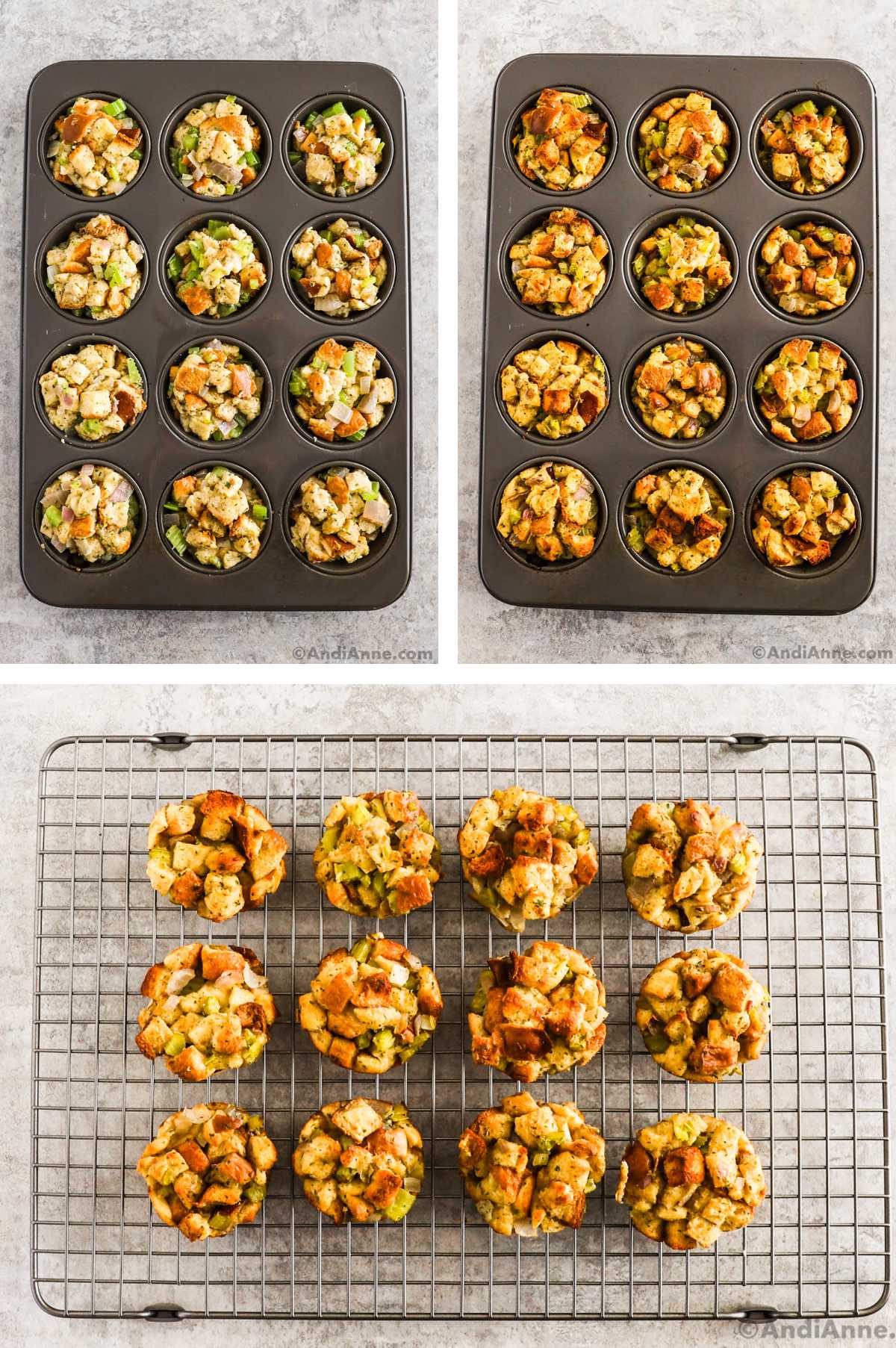 Three overhead images in one: 1. Ingredients are added to muffin tin. 2. Ingredients are baked. 3. Finished muffins are placed on a cooling rack. 