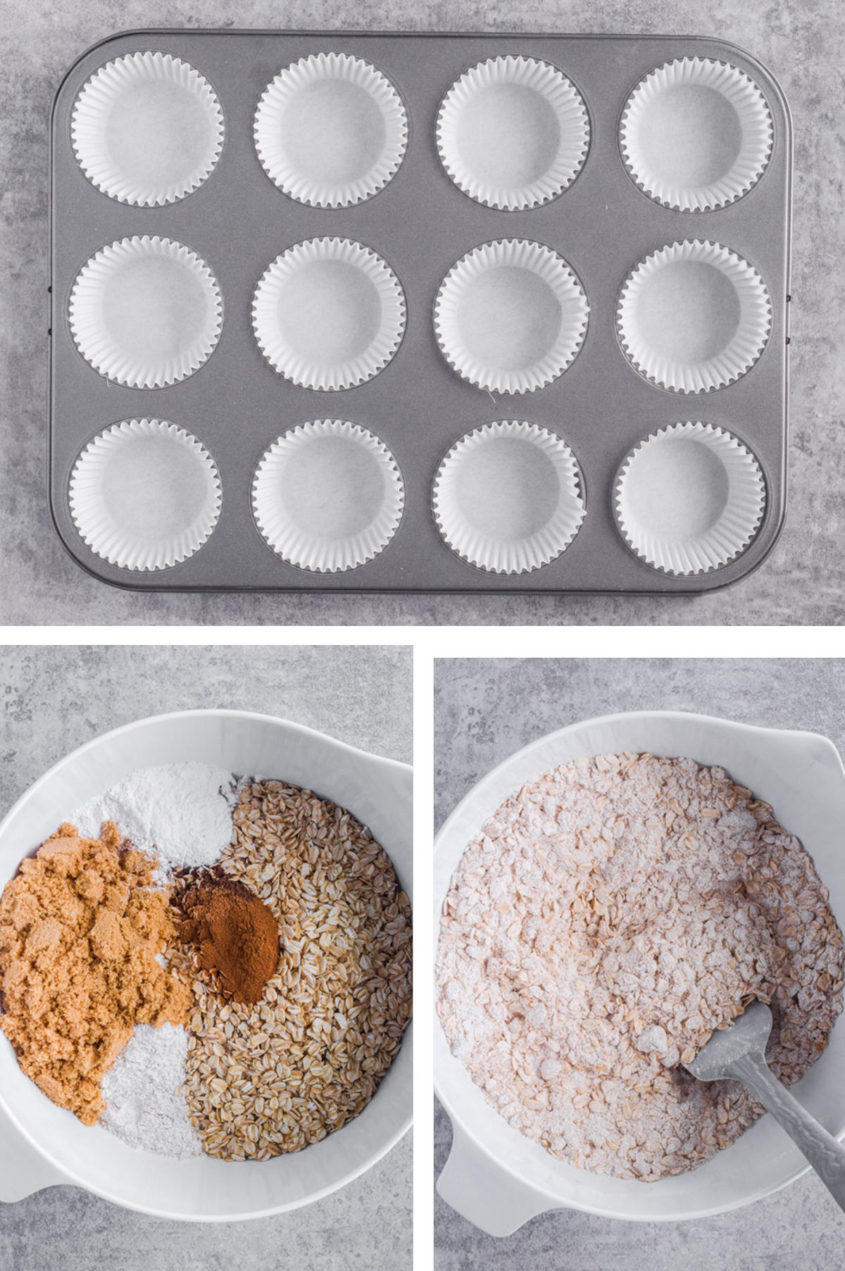 Three overhead images in one: 1. Muffin tin with paper linings. 2. Dry ingredients added to white bowl. 3. Dry ingredients mixed with spatula. 