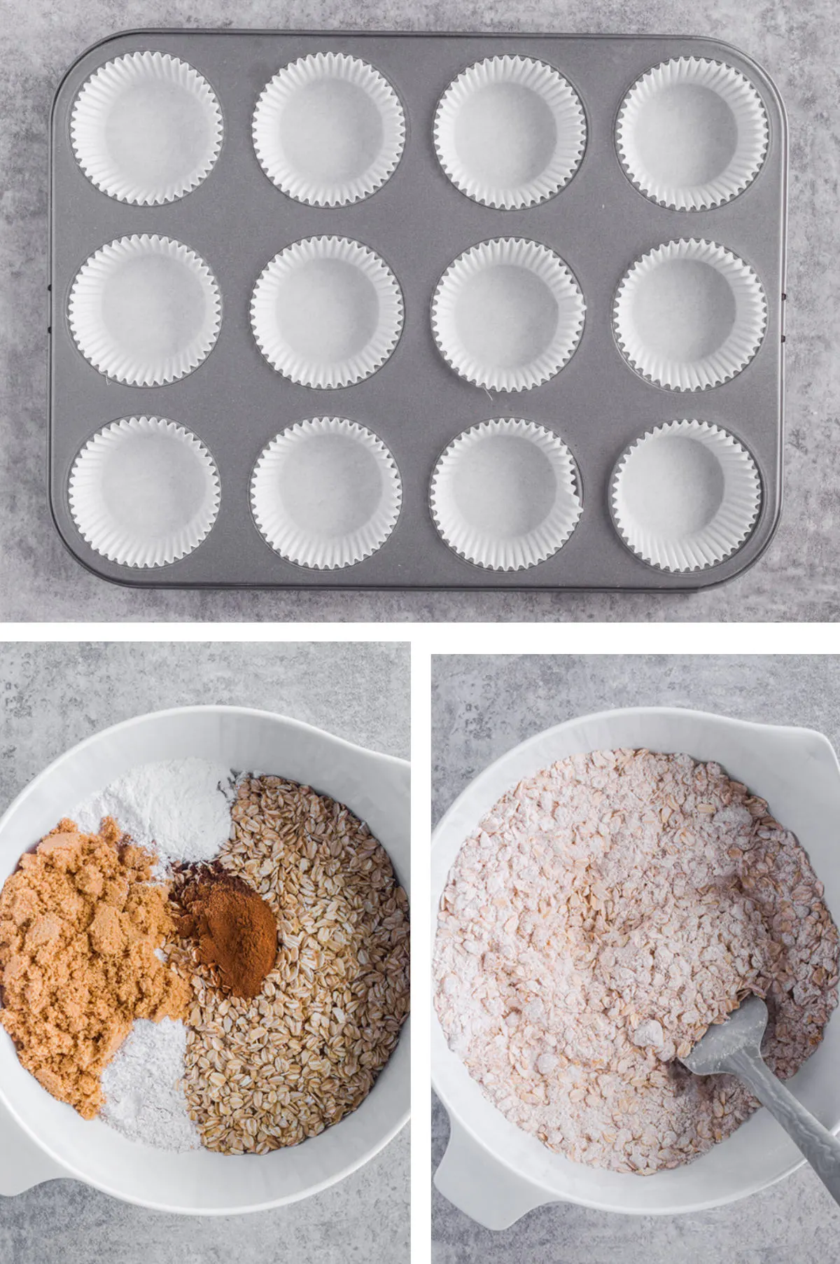 Three overhead images in one: 1. Muffin tin with paper linings. 2. Dry ingredients added to white bowl. 3. Dry ingredients mixed with spatula. 