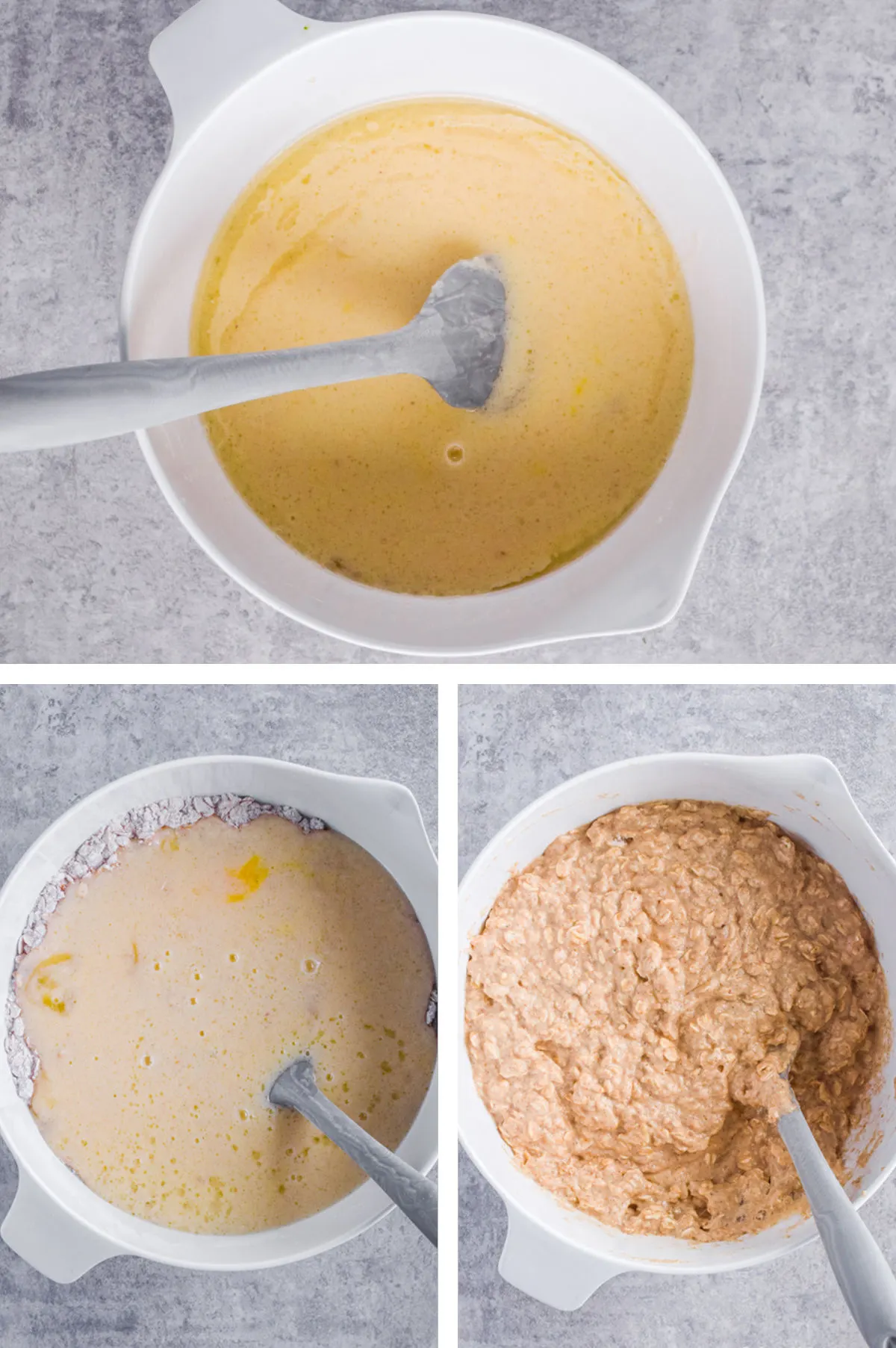 Three overhead images in one: 1. Wet ingredients added to a bowl and mixed with a spatula. 2. Dry ingredients added to the wet. 3. Ingredients are mixed with spatula. 