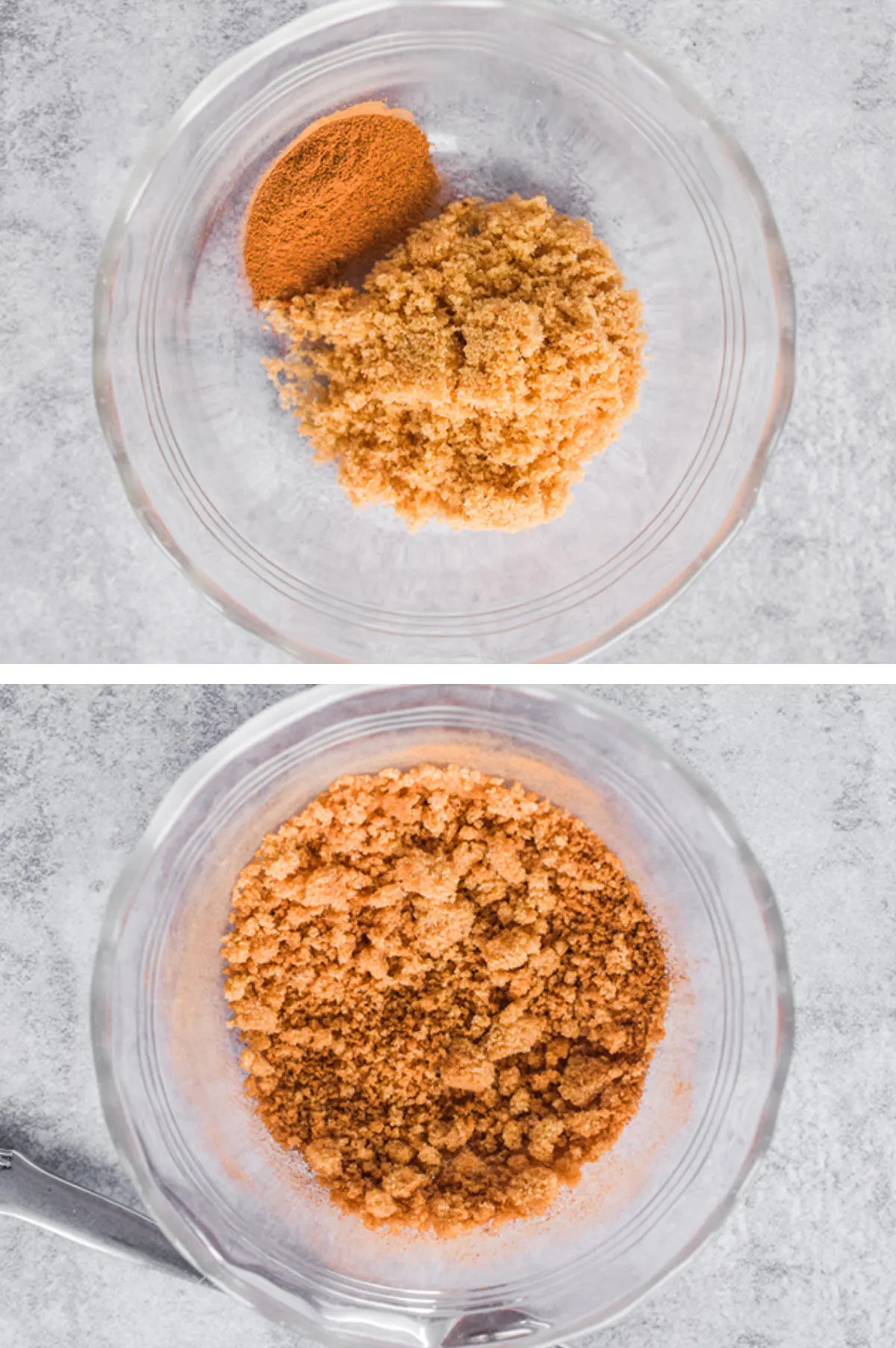 Two overhead images in one: 1. Brown sugar and cinnamon added to a clear bowl. 2. Ingredients are mixed. 