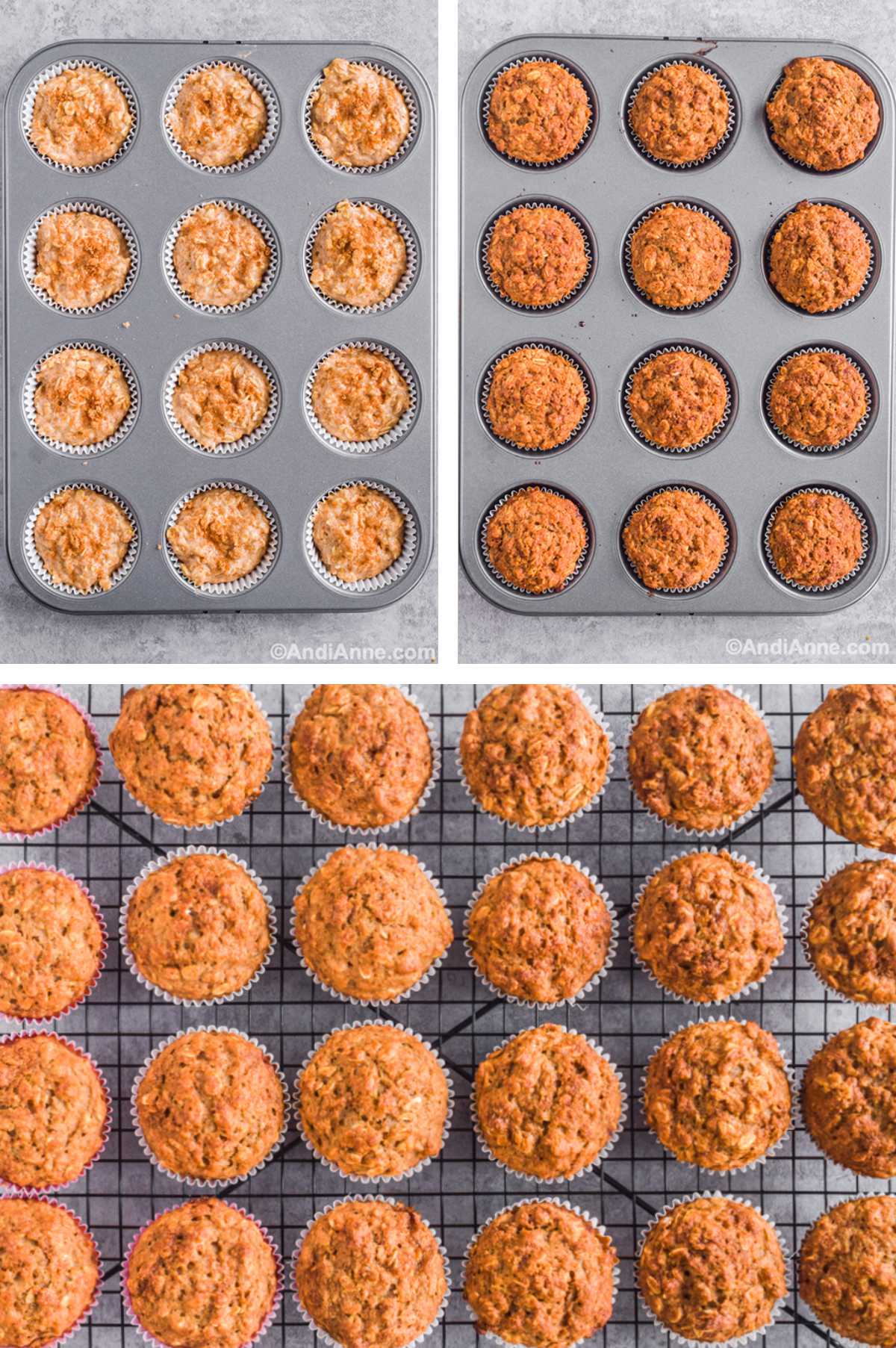 Three overhead images in one: 1. Batter is placed in paper muffin cups in tray. 2. Muffins are in tray and baked. 3. Muffins are cooling on a rack. 