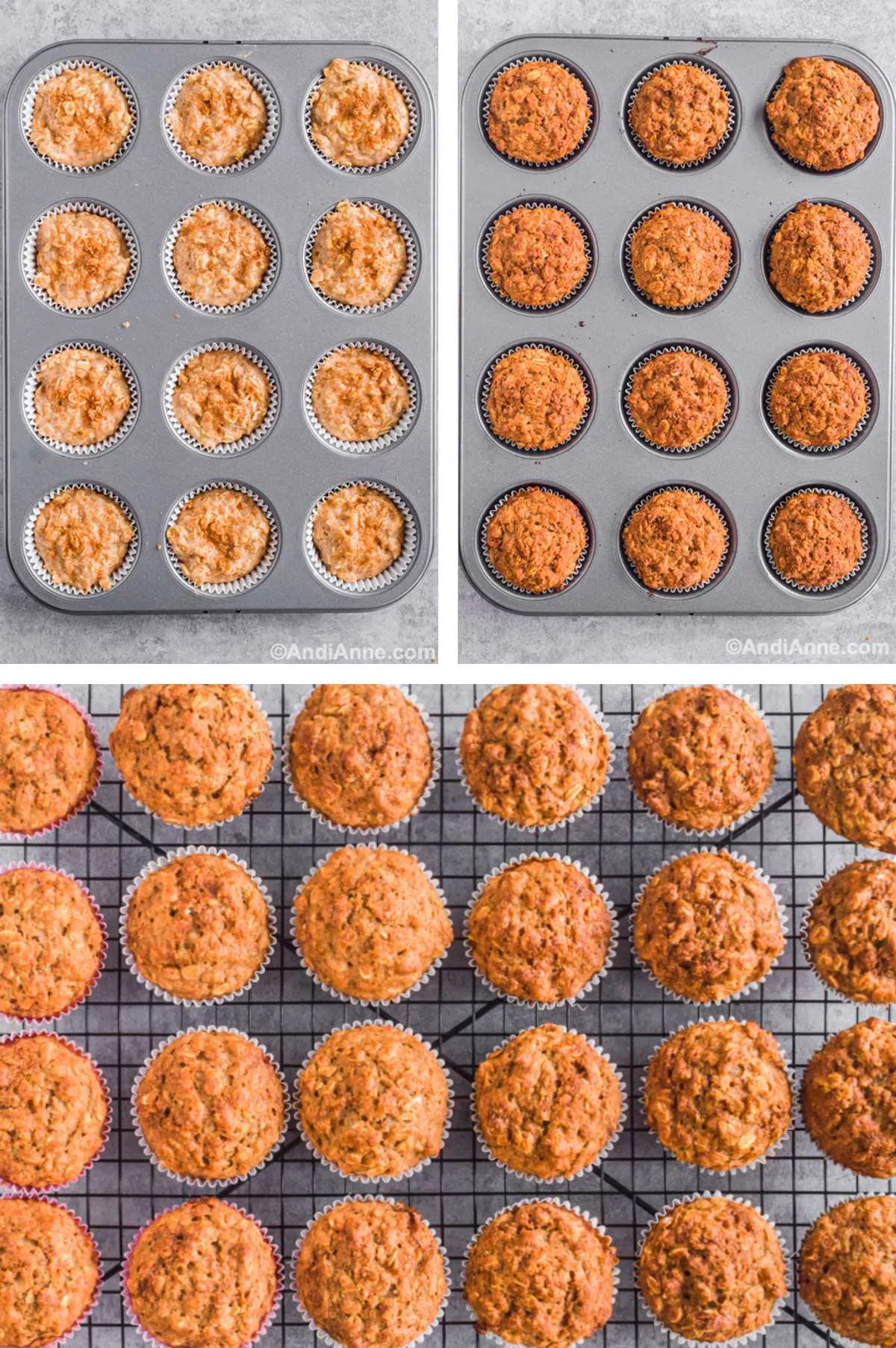 Three overhead images in one: 1. Batter is placed in paper muffin cups in tray. 2. Muffins are in tray and baked. 3. Muffins are cooling on a rack. 