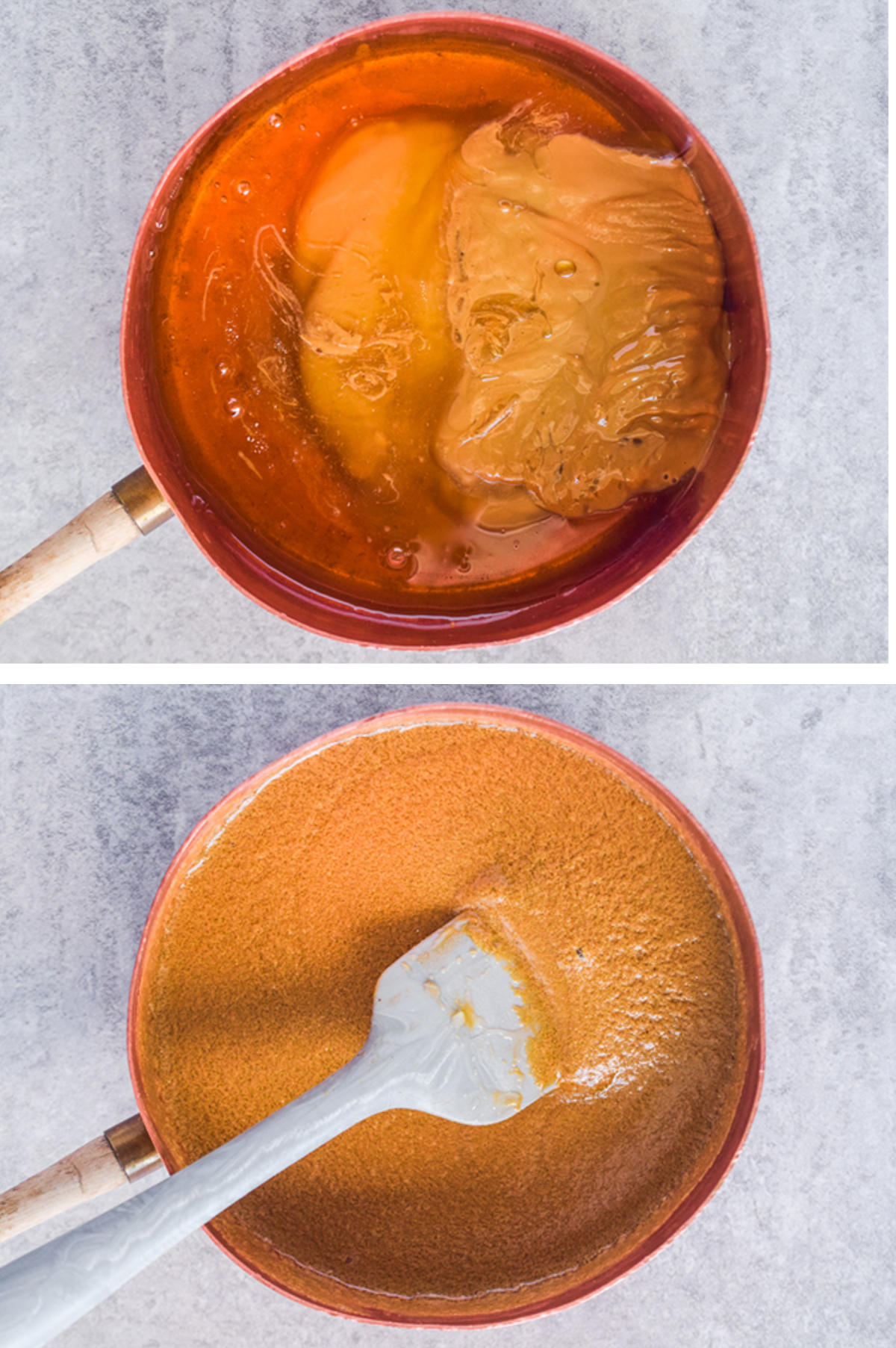 Two overhead images in one: 1. Peanut butter and honey in a pot. 2. Peanut butter and honey melted and mixed in pot with a spatula. 