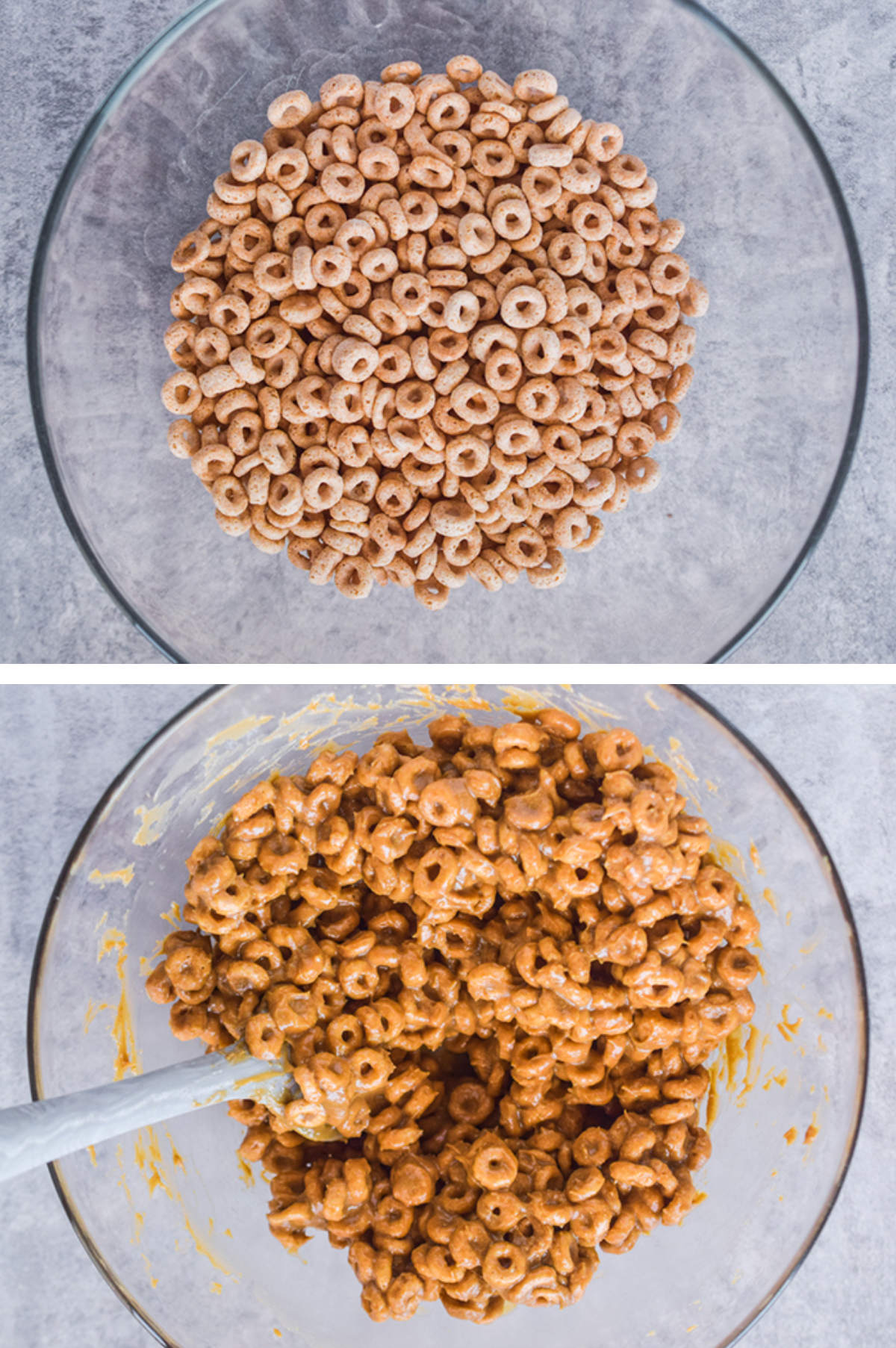 Two overhead images in one: 1. Cheerios in a bowl. 2. Cheerios mixed with peanut butter and honey mixture. 