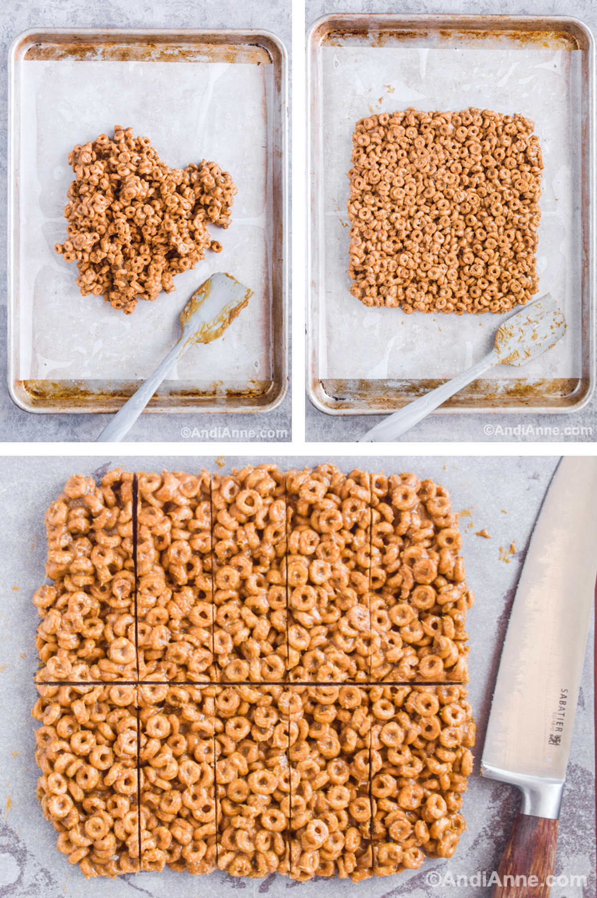 Three overhead images in one: 1. Mixture on parchment paper on a baking sheet. 2. Mixture is flattened and squared. 3. Bars are cut into rectangles. 