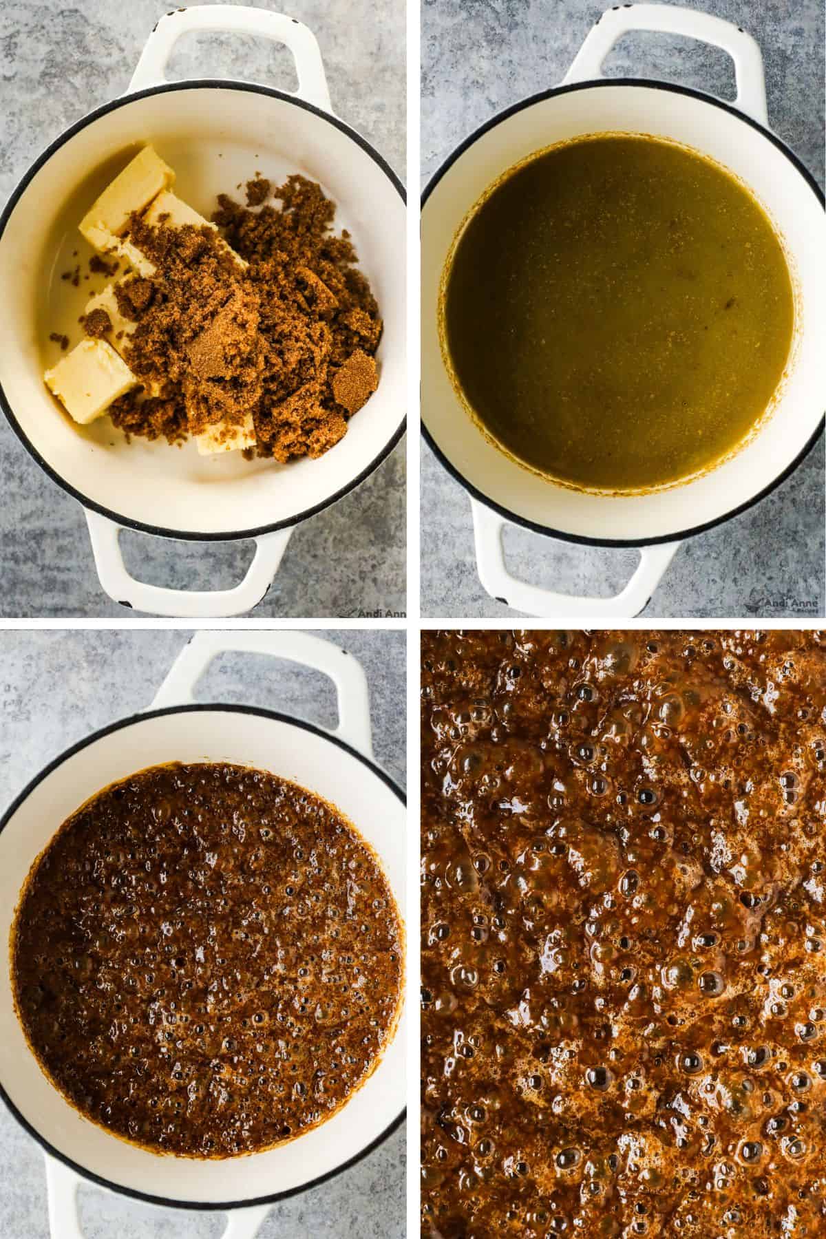Four images of a pot with toffee ingredients at various stages of creation