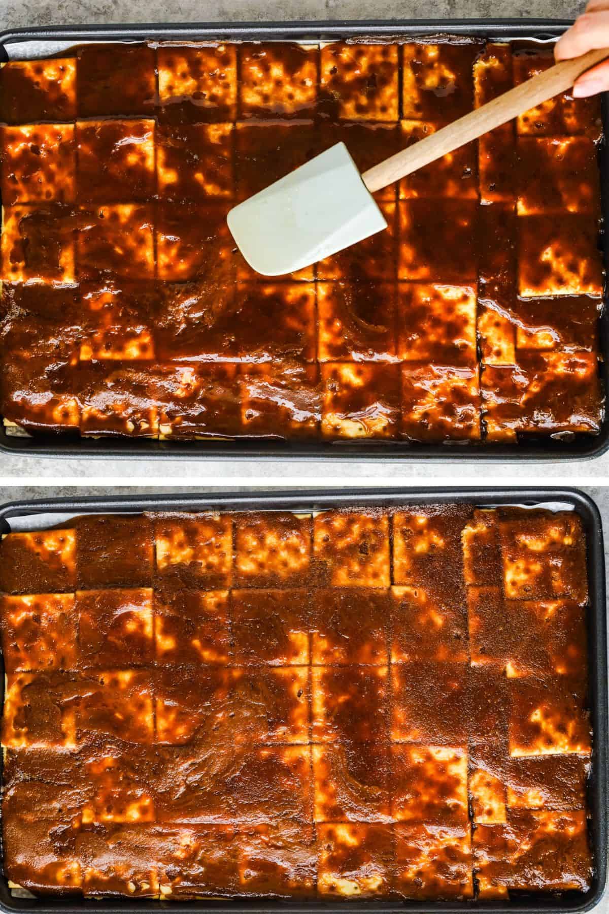 Toffee spread over saltine crackers on a baking sheet to make saltine toffee bark