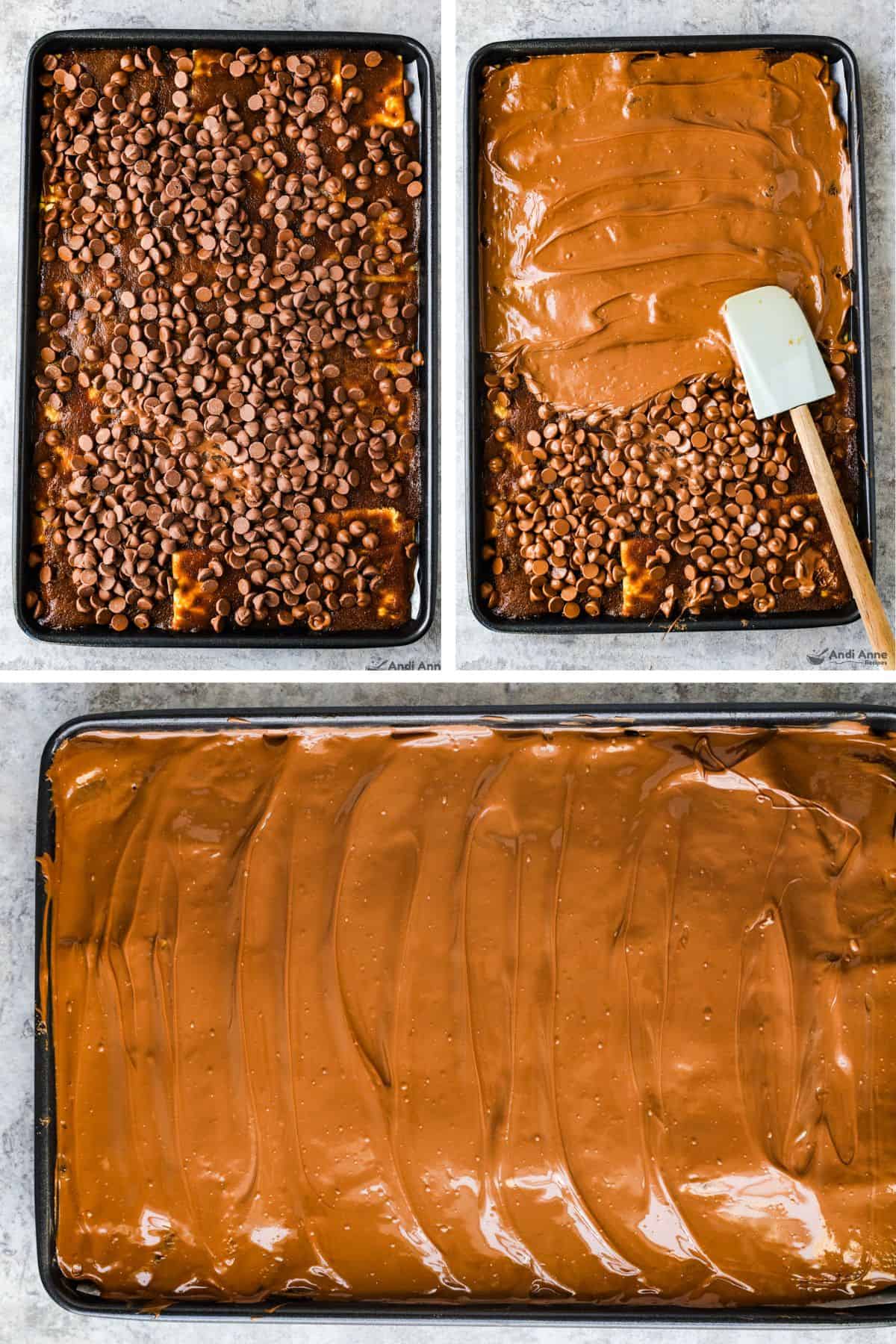 Chocolate chips sprinkled over toffee covered crackers then spread into a solid chocolate layer