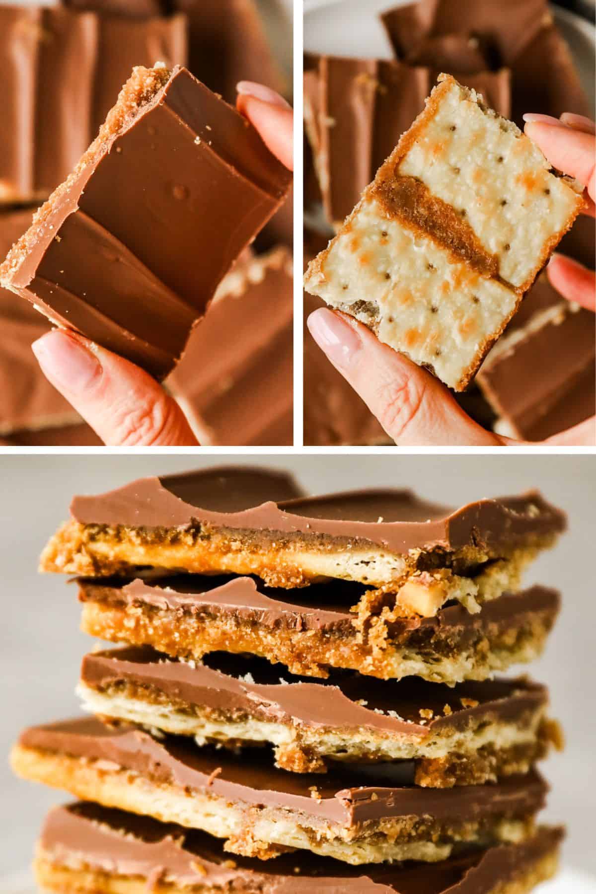 Front and back of holiday cracker candy showing chocolate side and cracker side, plus a close up stack of them