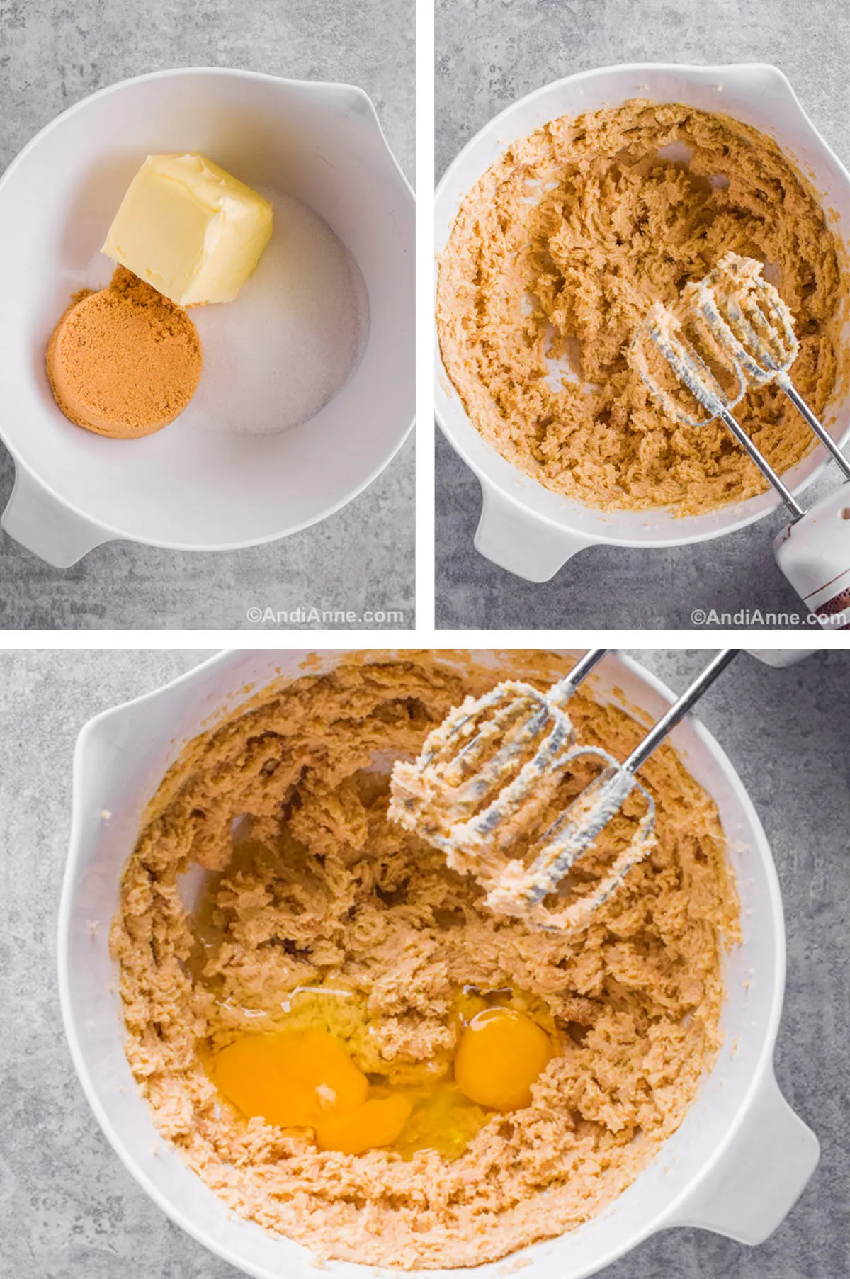 Three overhead images in one: 1. Butter, brown and white sugar in a white bowl. 2. Ingredients are mixed with a hand mixer. 3. Eggs are added. 
