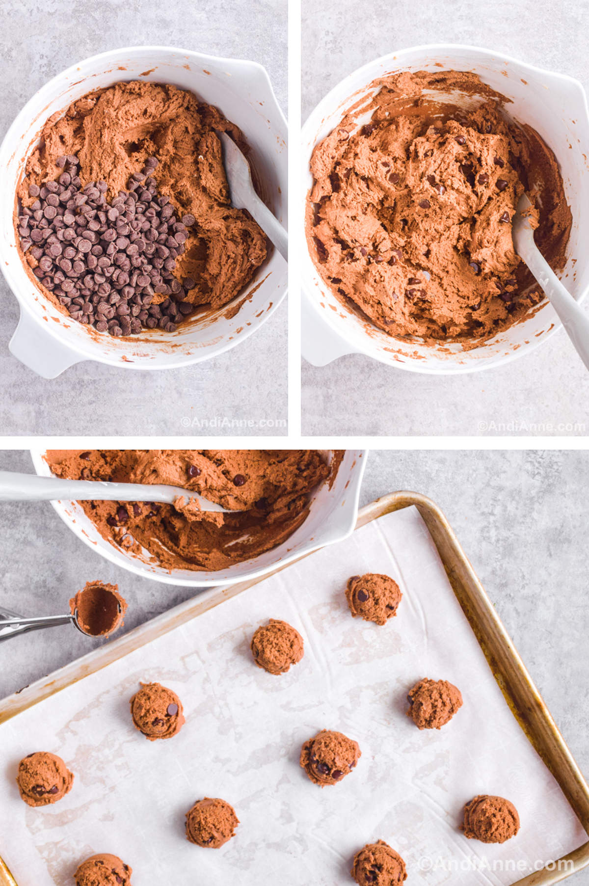 Three overhead images in one: 1. Chocolate chips are added. 2. Chocolate chips are folded in. 3. 1 Tbsp sized dough balls are placed on baking sheet 2 inches apart.