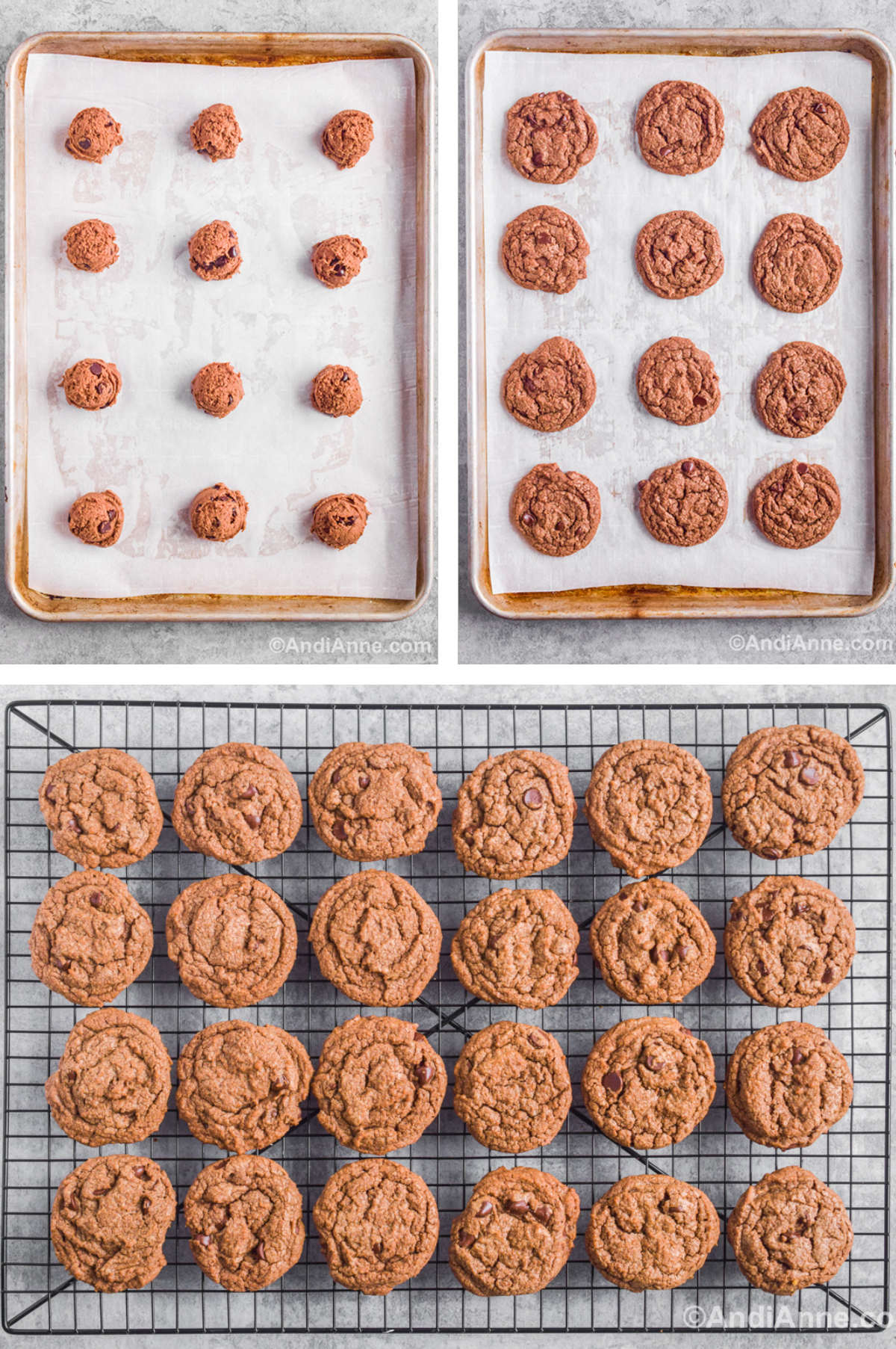 Three overhead images in one: 1. Cookie dough balls on baking sheet. 2. Baked cookies on sheet. 3. Cookies cooling on rack. 