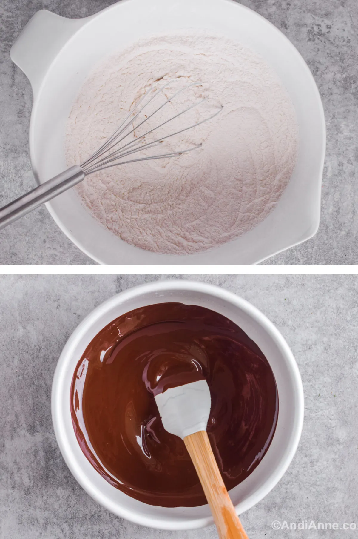 Two overhead images in one: 1. Dry ingredients mixed in a white bowl. 2. Bakers chocolate squares melted in a separate white bowl. 