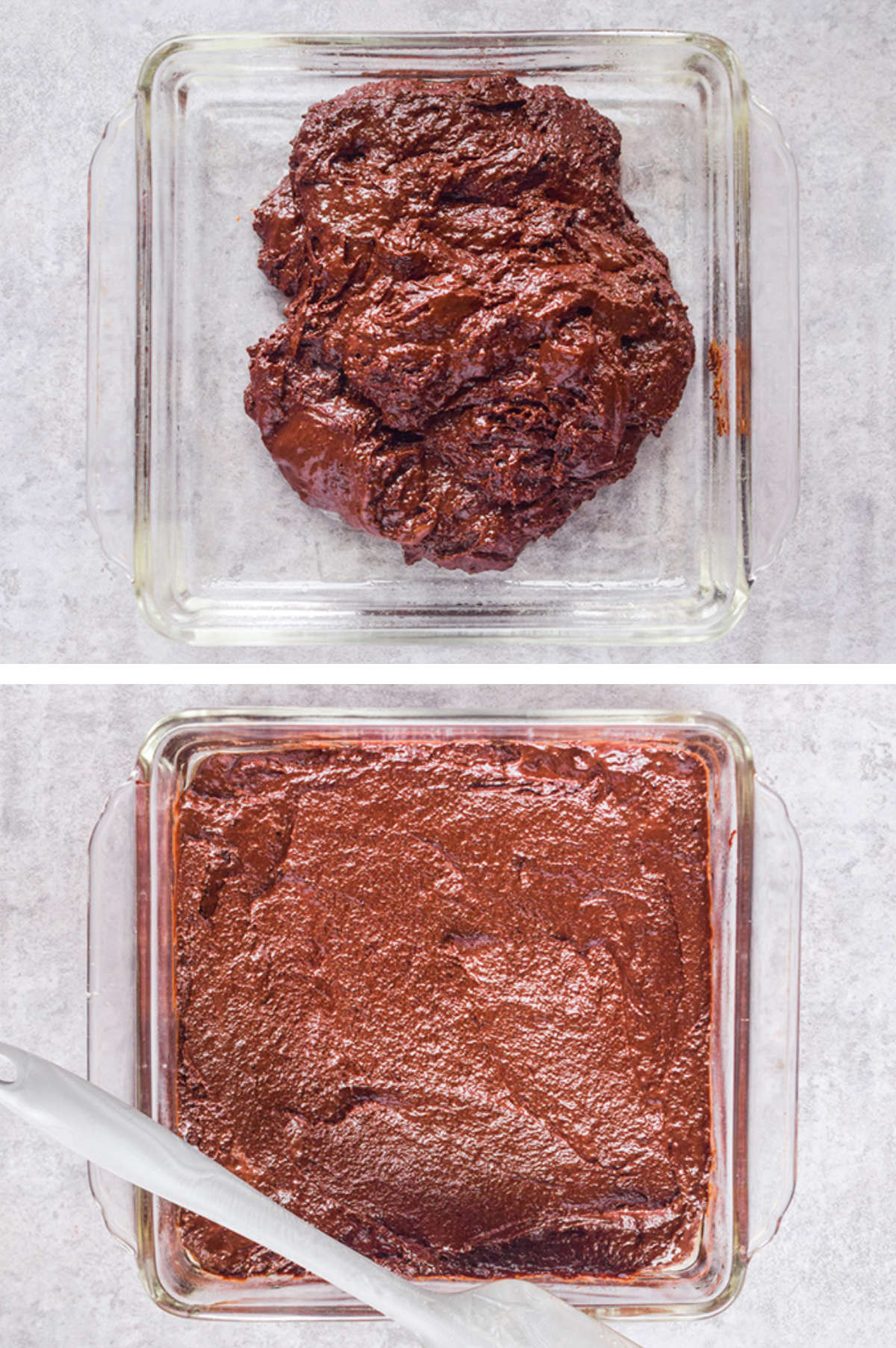 Two overhead images in one: 1. Batter is poured into baking dish. 2. Batter is spread level. 