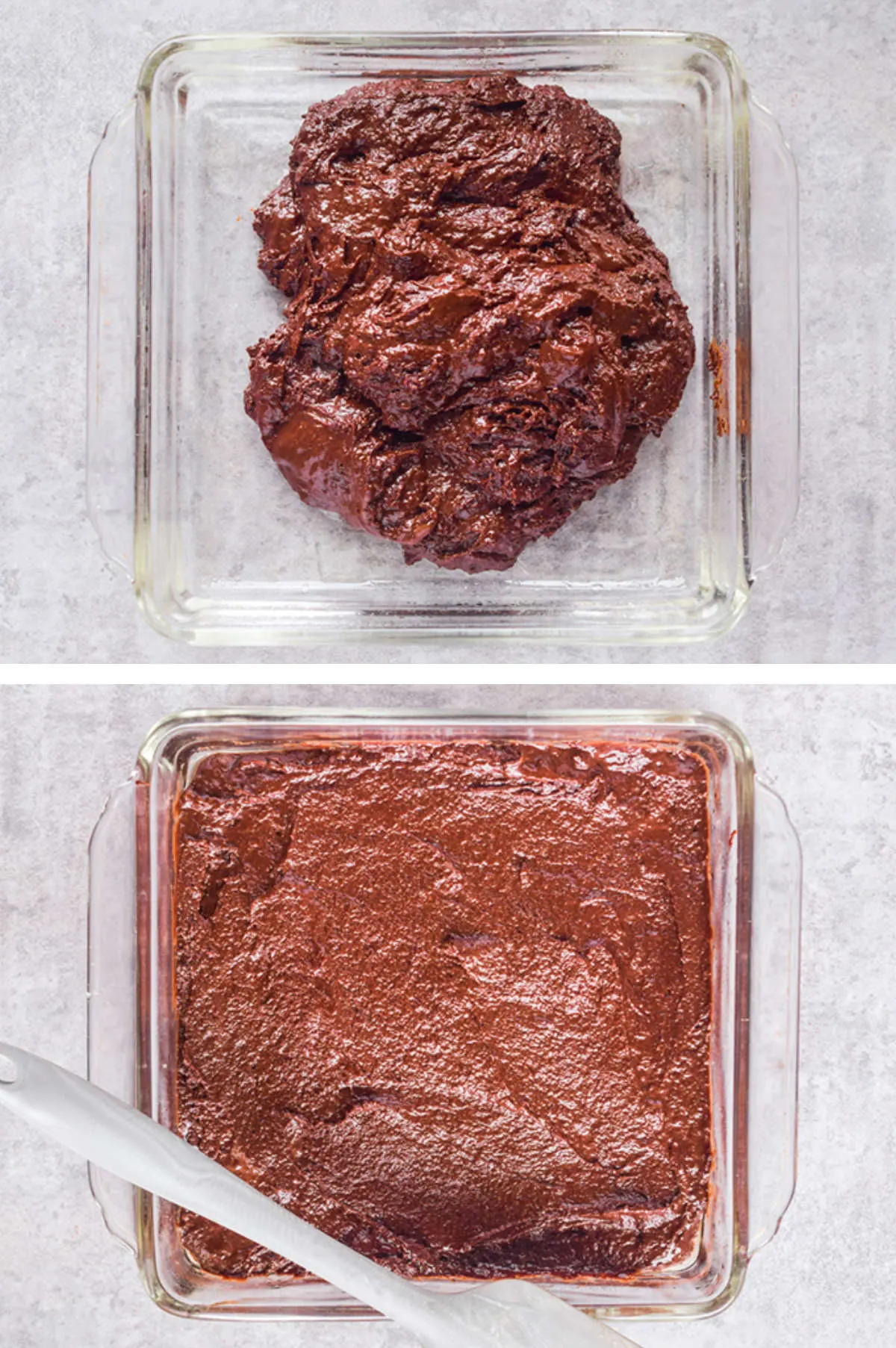 Two overhead images in one: 1. Batter is poured into baking dish. 2. Batter is spread level. 