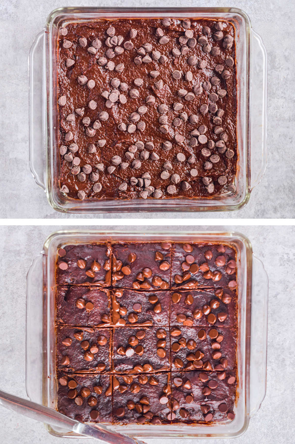 Two overhead images in one: 1. Chocolate chips are added to the batter. 2. Brownies are baked and cut into squares. 