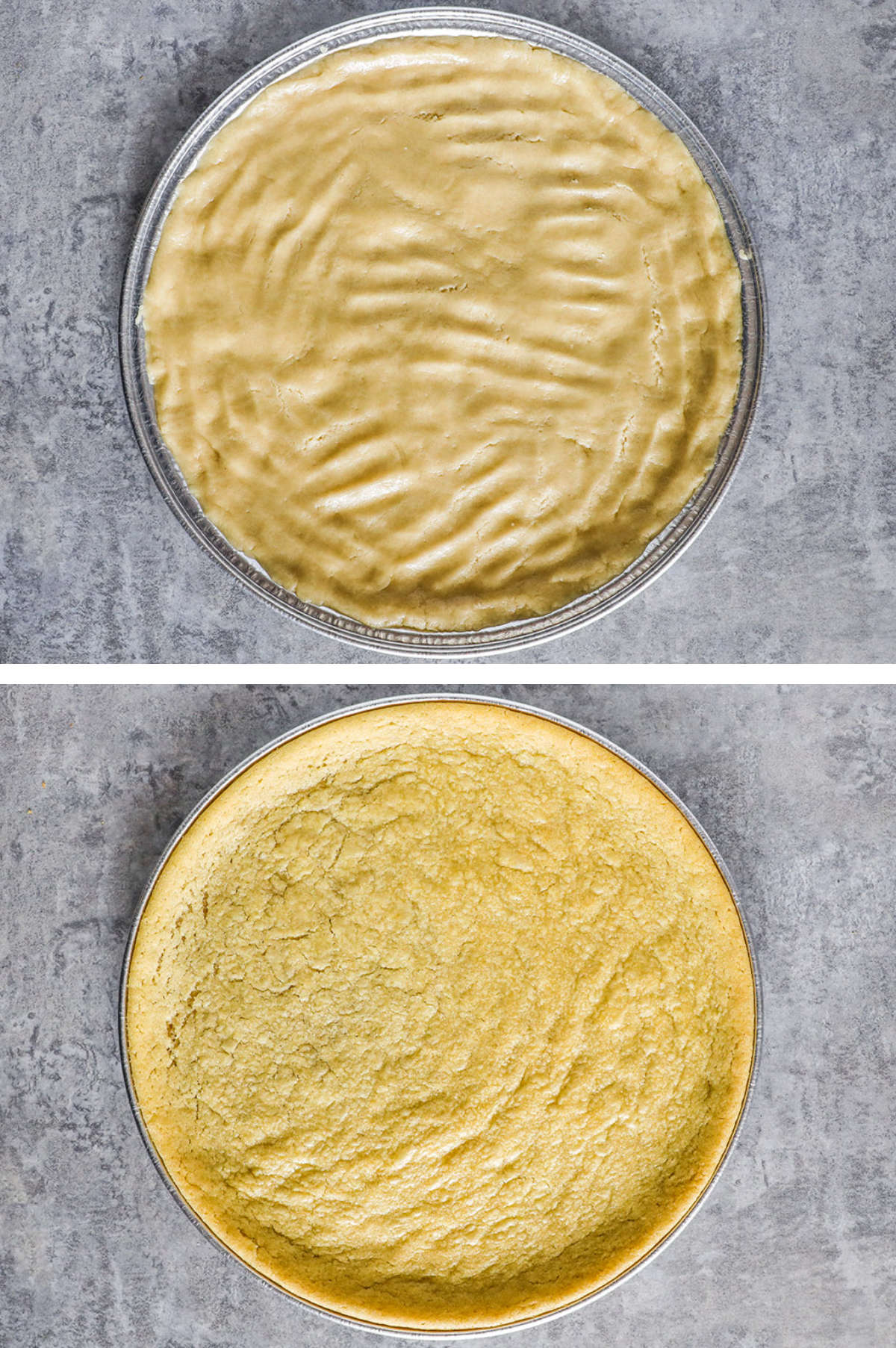 Two overhead images in one: 1. Cookie dough pressed into even layer in sheet. 2. Cooked cookie dough.
