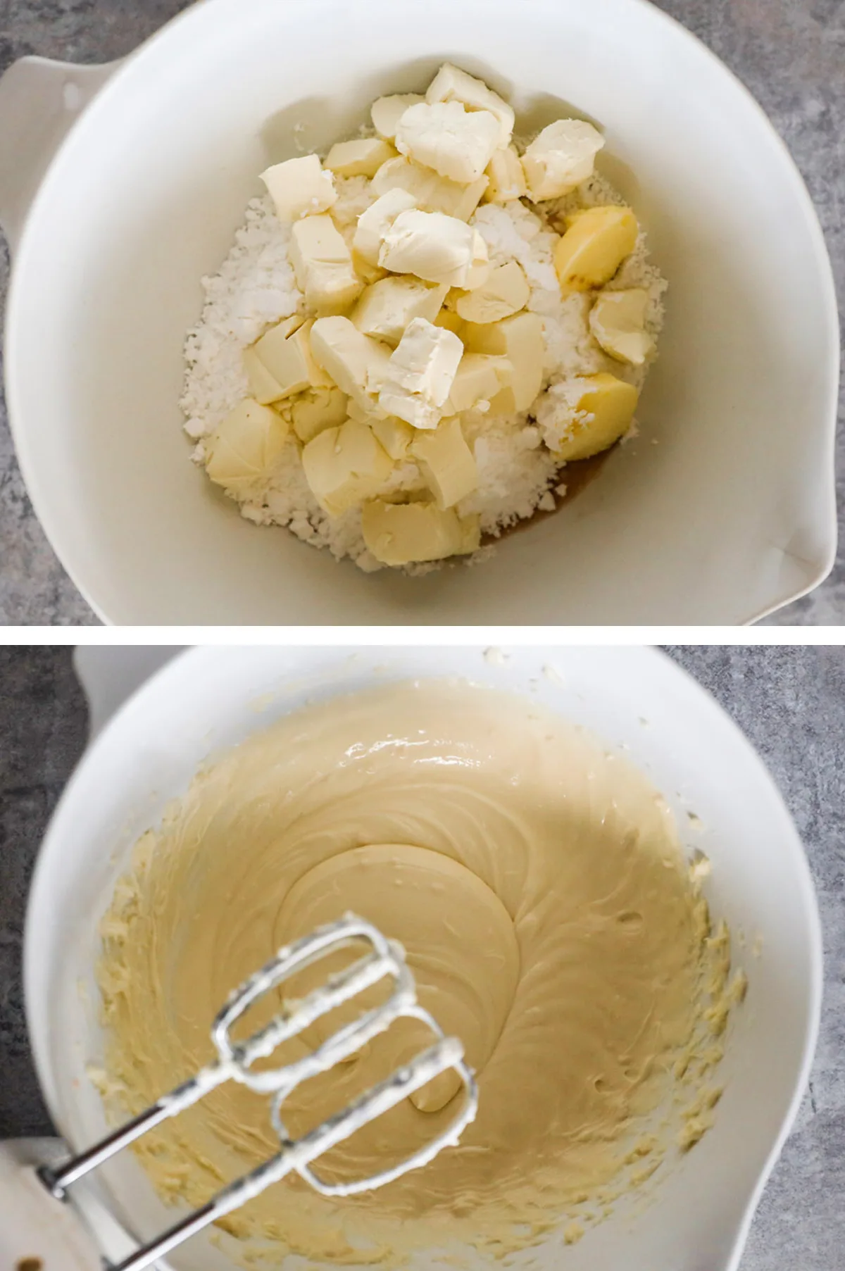 Two overhead images in one: 1. Ingredients for cream cheese frosting in a white bowl. 2. Ingredients are mixed with a hand mixer. 