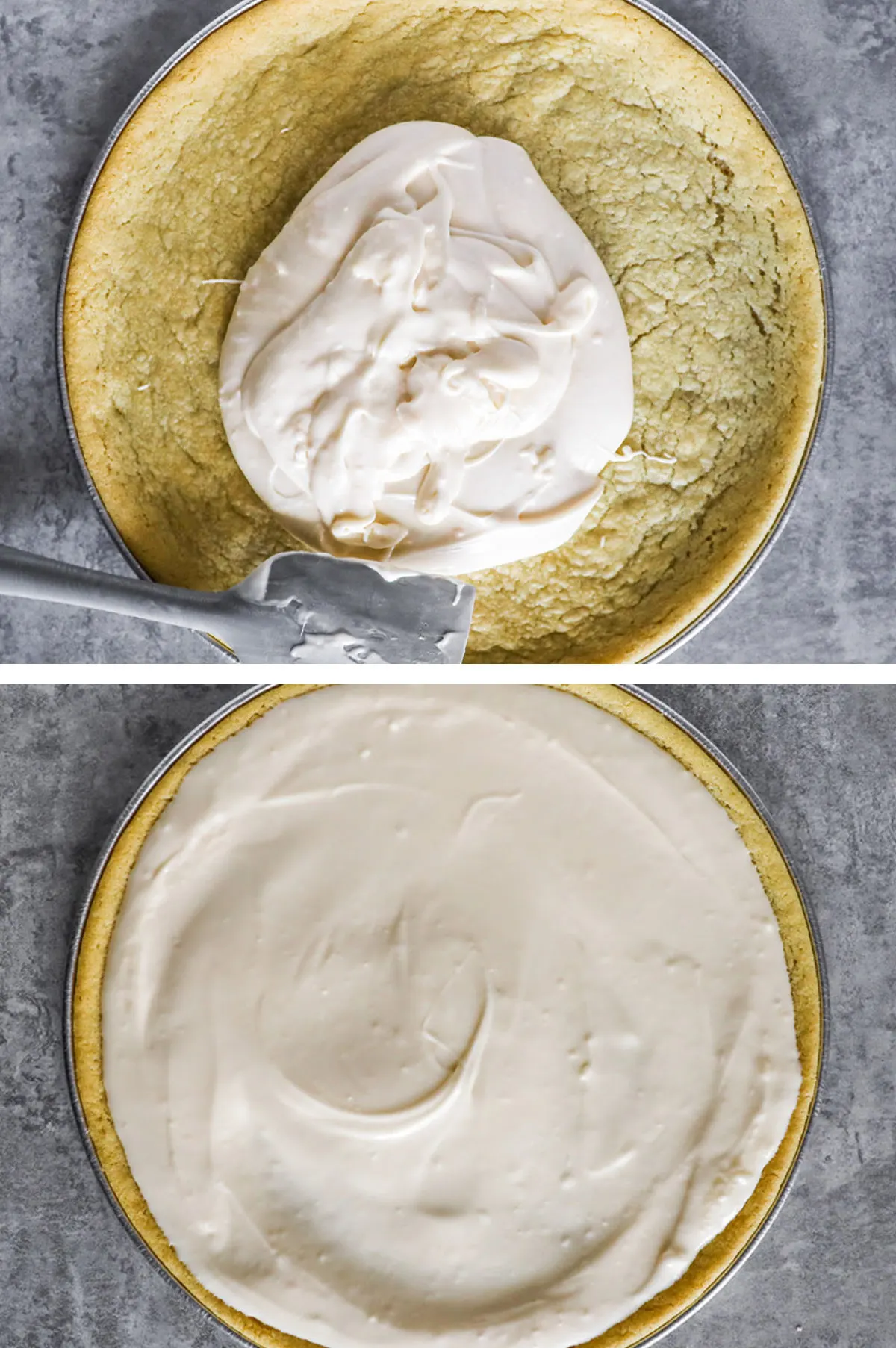 Two overhead images in one: Frosting is poured onto cookie.  2. Frosting is spread on to cookie. 