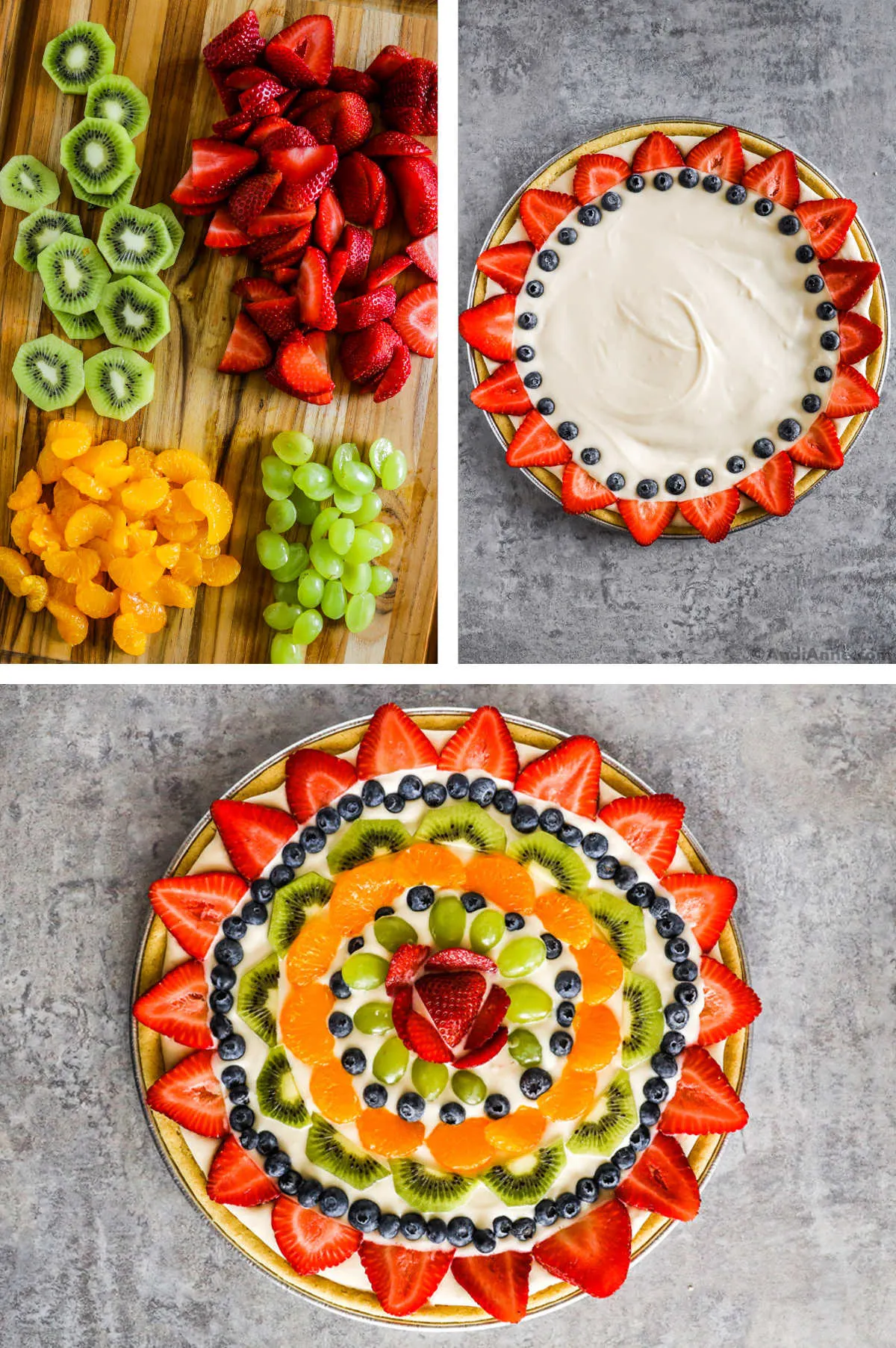Three overhead images in one: 1. Fruit cut on a cutting board. 2. Fruit circle of strawberries and blue. berries in outer ring. 3. Finished fruit pizza. 