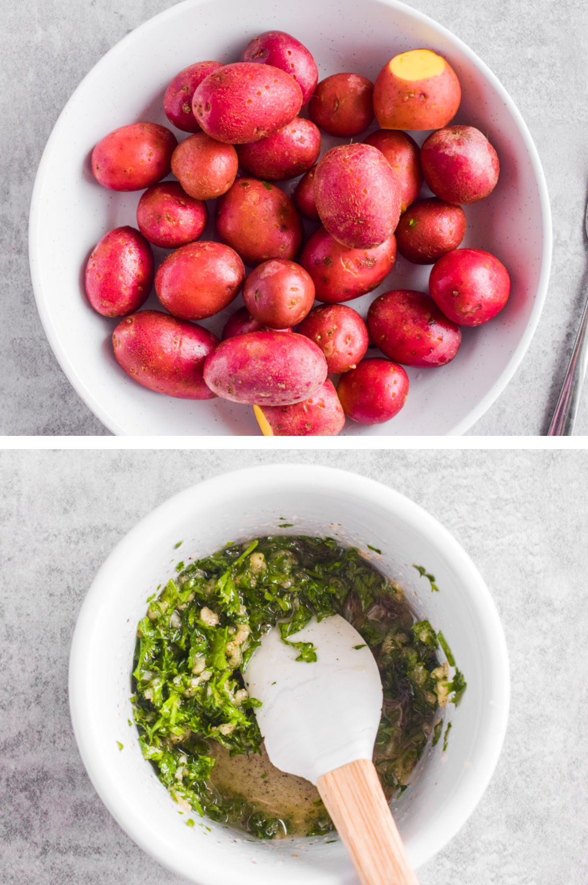Two overhead images in one: 1. Raw, washed potatoes in a white bowl. 2. Ingredients for dressing being mixed in a separate white bowl. 