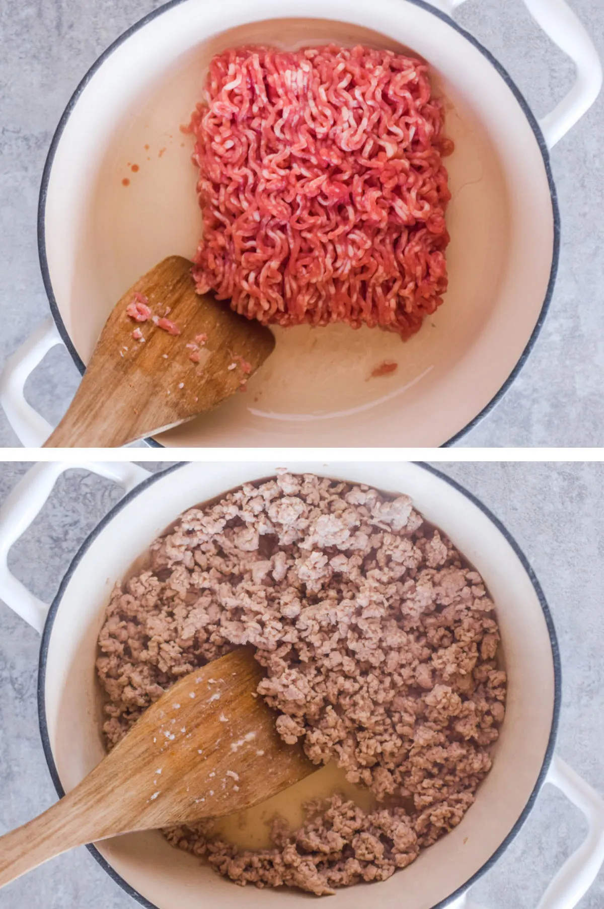 Two overhead images in one: 1. Raw ground pork in a large white pot. 2. Cooked ground pork in a large white pot. 