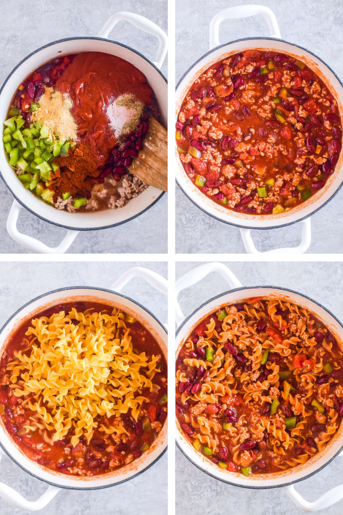 Four overhead images in one: 1. All the ingredients are placed in a pot. 2. All ingredients are mixed. 3. Noodles are added to the pot. 4. Noodles are mixed in. 