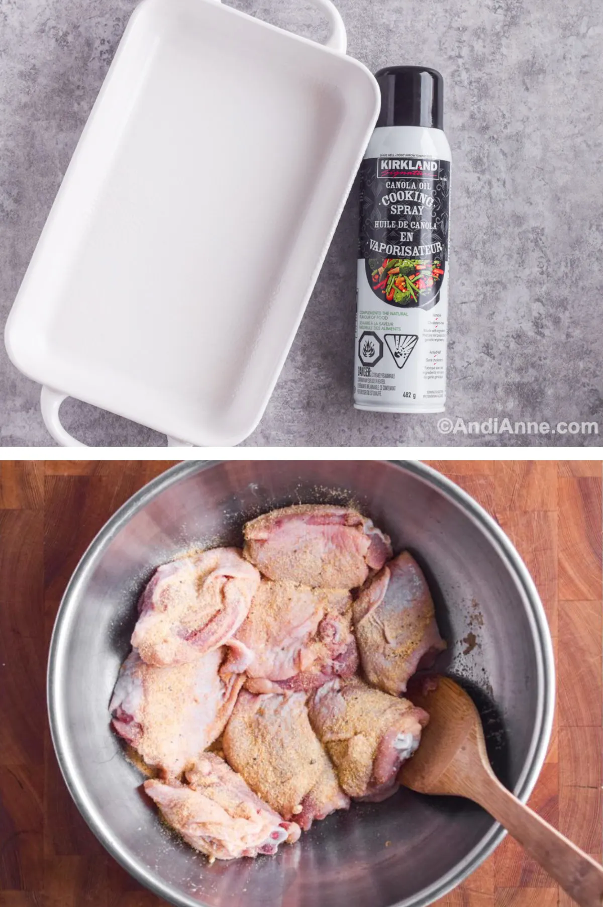 Two overhead images in one: 1. White baking dish and cooking spray. 2. Bowl of raw chicken thighs with salt and pepper in a steel bowl. 